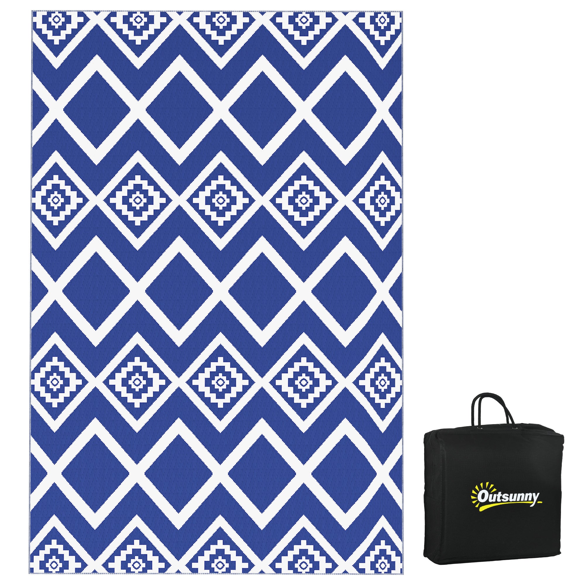 Outdoor Rug, Plastic Carpet with Carry Bag, Water-Resistant Balcony Rug, for Camping, Patio, Blue+White, 182 x 274 cm