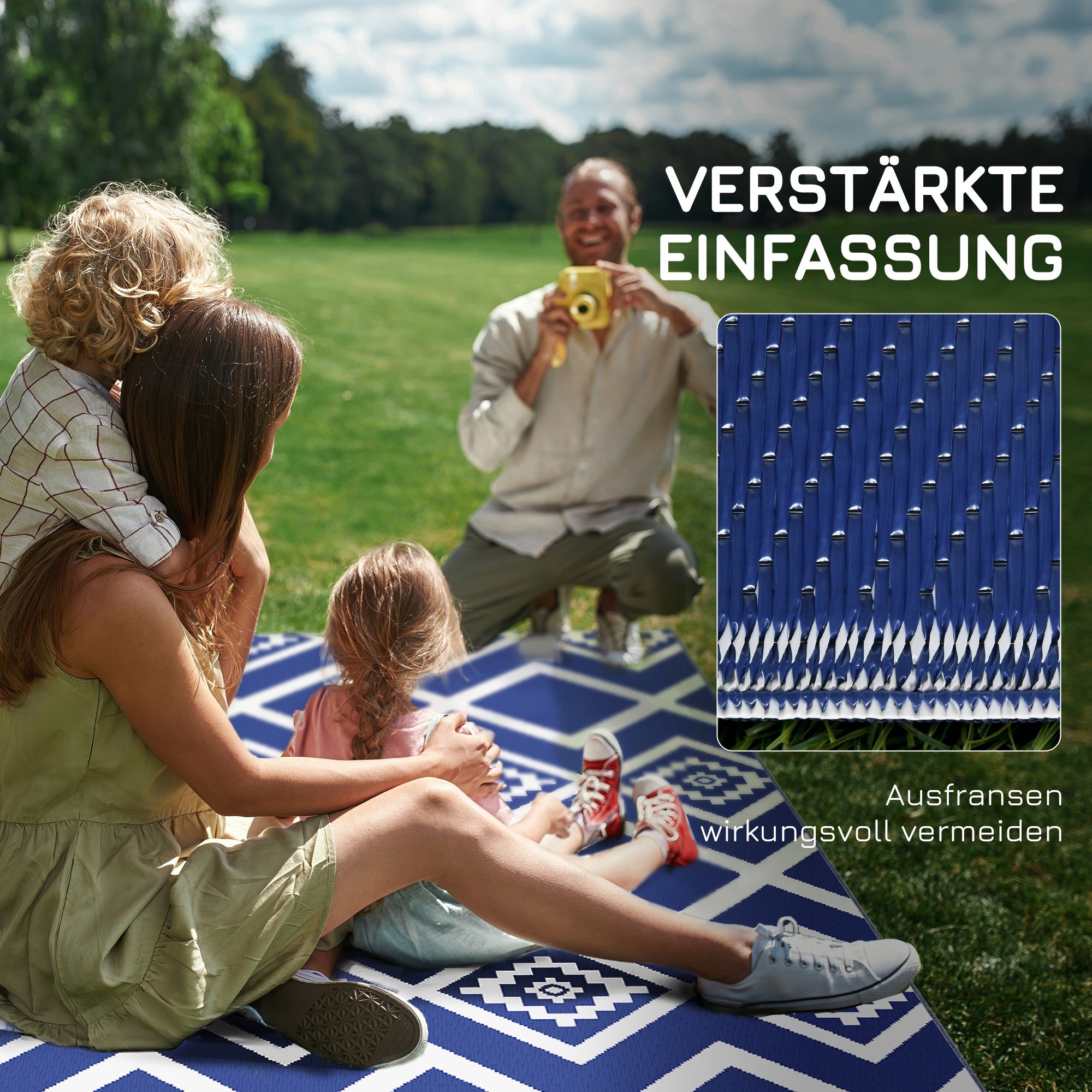 Outdoor Rug, Plastic Carpet with Carry Bag, Water-Resistant Balcony Rug, for Camping, Patio, Blue+White, 182 x 274 cm