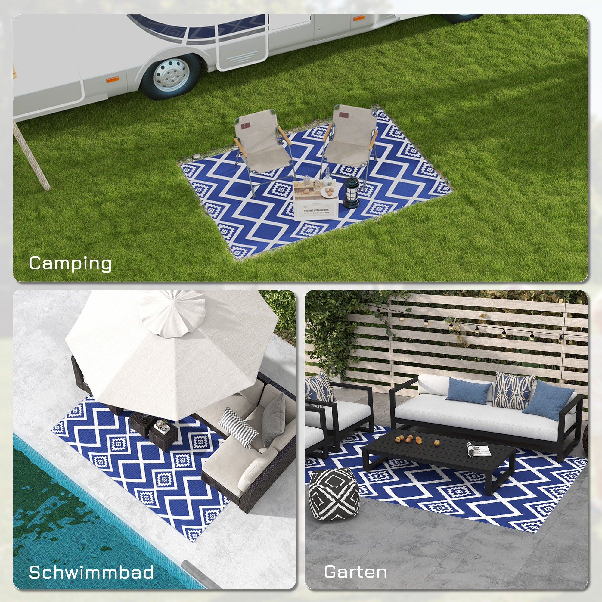 Outdoor Rug, Plastic Carpet with Carry Bag, Water-Resistant Balcony Rug, for Camping, Patio, Blue+White, 182 x 274 cm