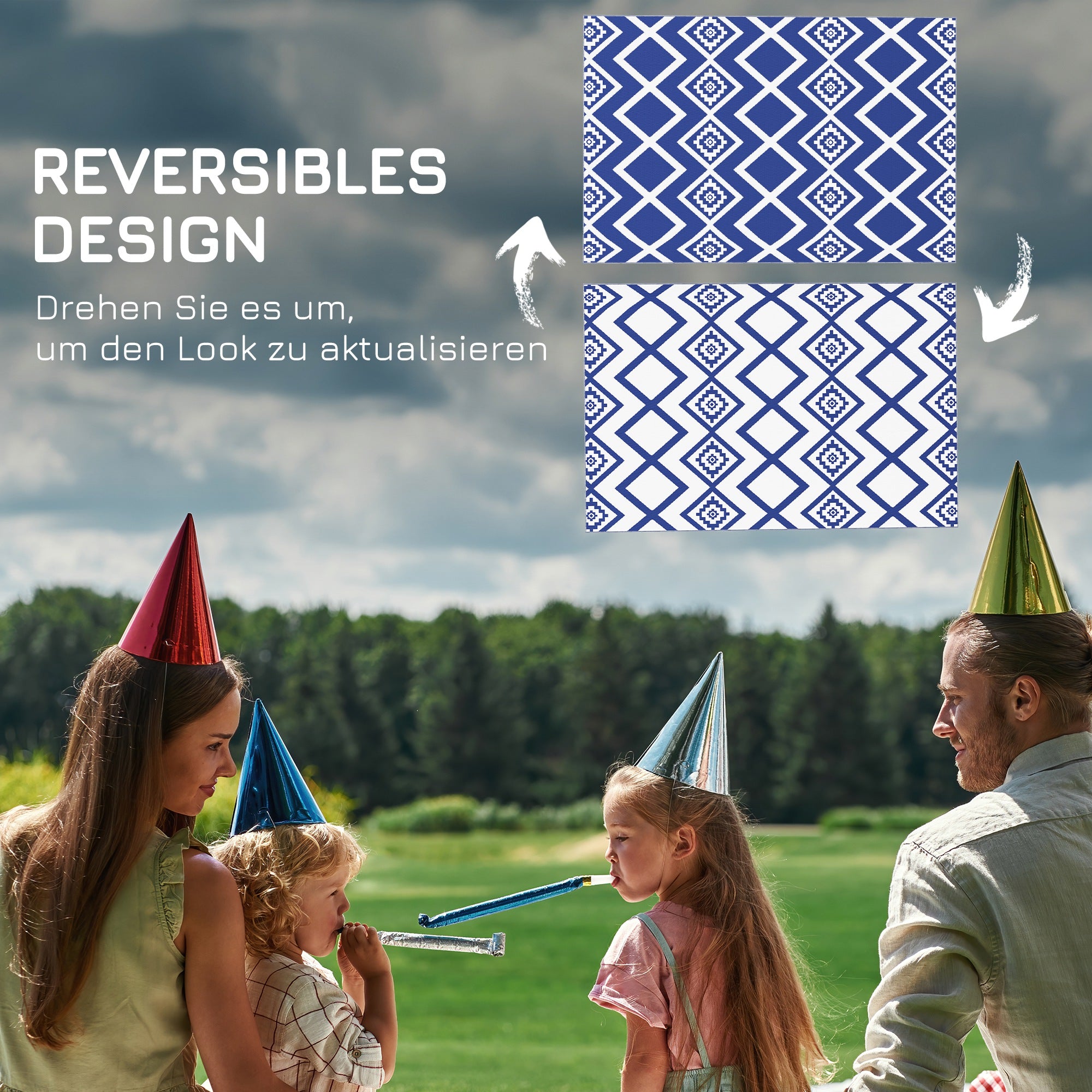 Outdoor Rug, Plastic Carpet with Carry Bag, Water-Resistant Balcony Rug, for Camping, Patio, Blue+White, 182 x 274 cm