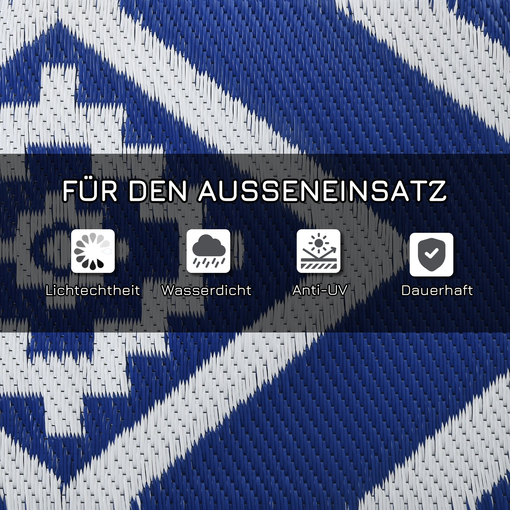 Outdoor Rug, Plastic Carpet with Carry Bag, Water-Resistant Balcony Rug, for Camping, Patio, Blue+White, 182 x 274 cm