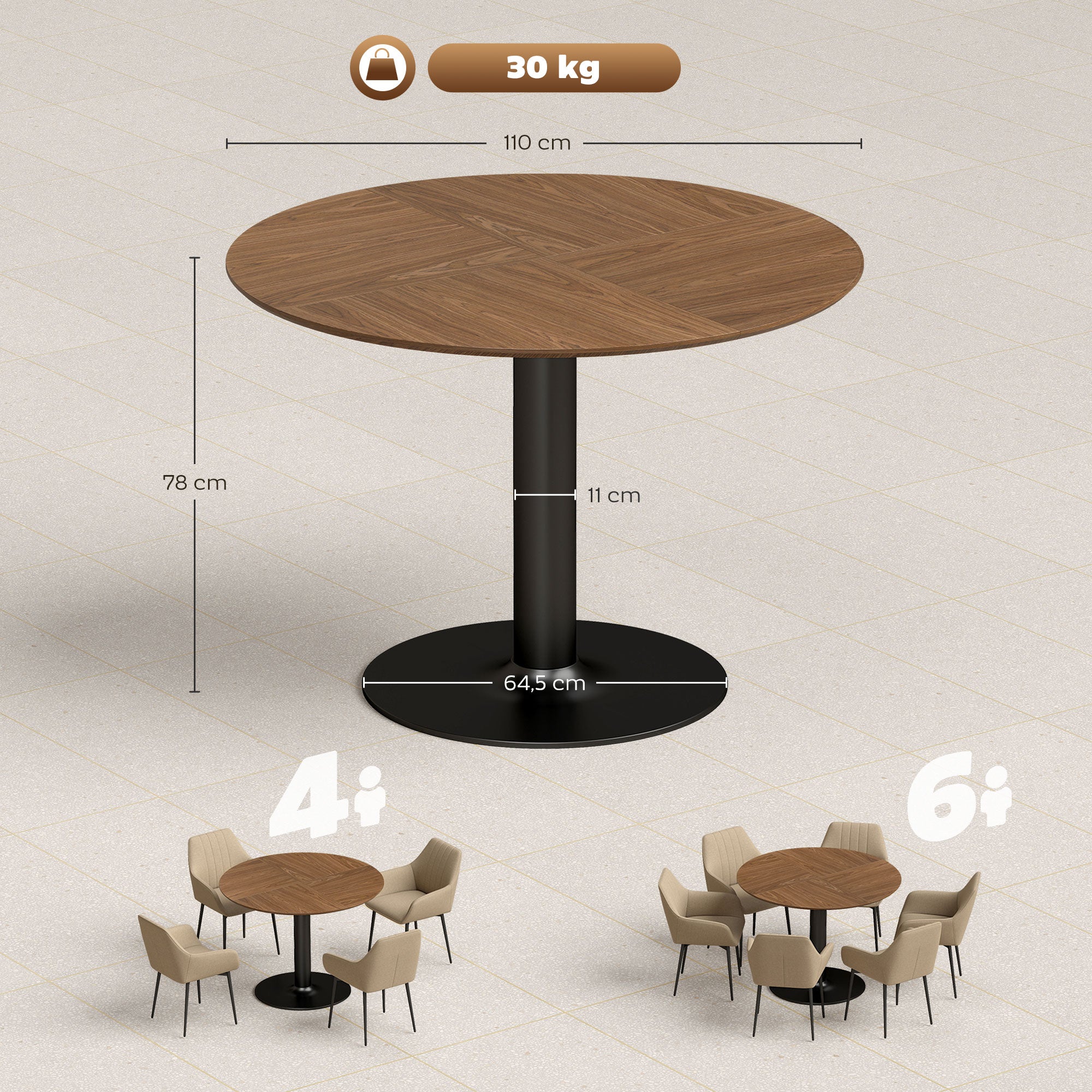 Round Dining Table for 6 — Ø 110 x 78 cm (43.3" Ø x 30.7" H), Large Top with Steel Base, Modern, Brown