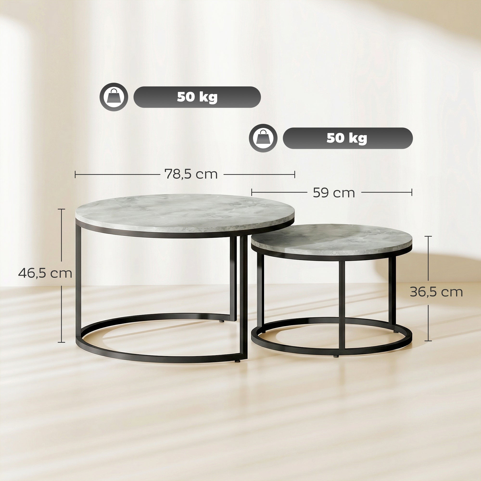 Set of 2 Nesting Round Coffee Tables — Stackable Industrial Design, Black Metal Legs, Gray Cement Top