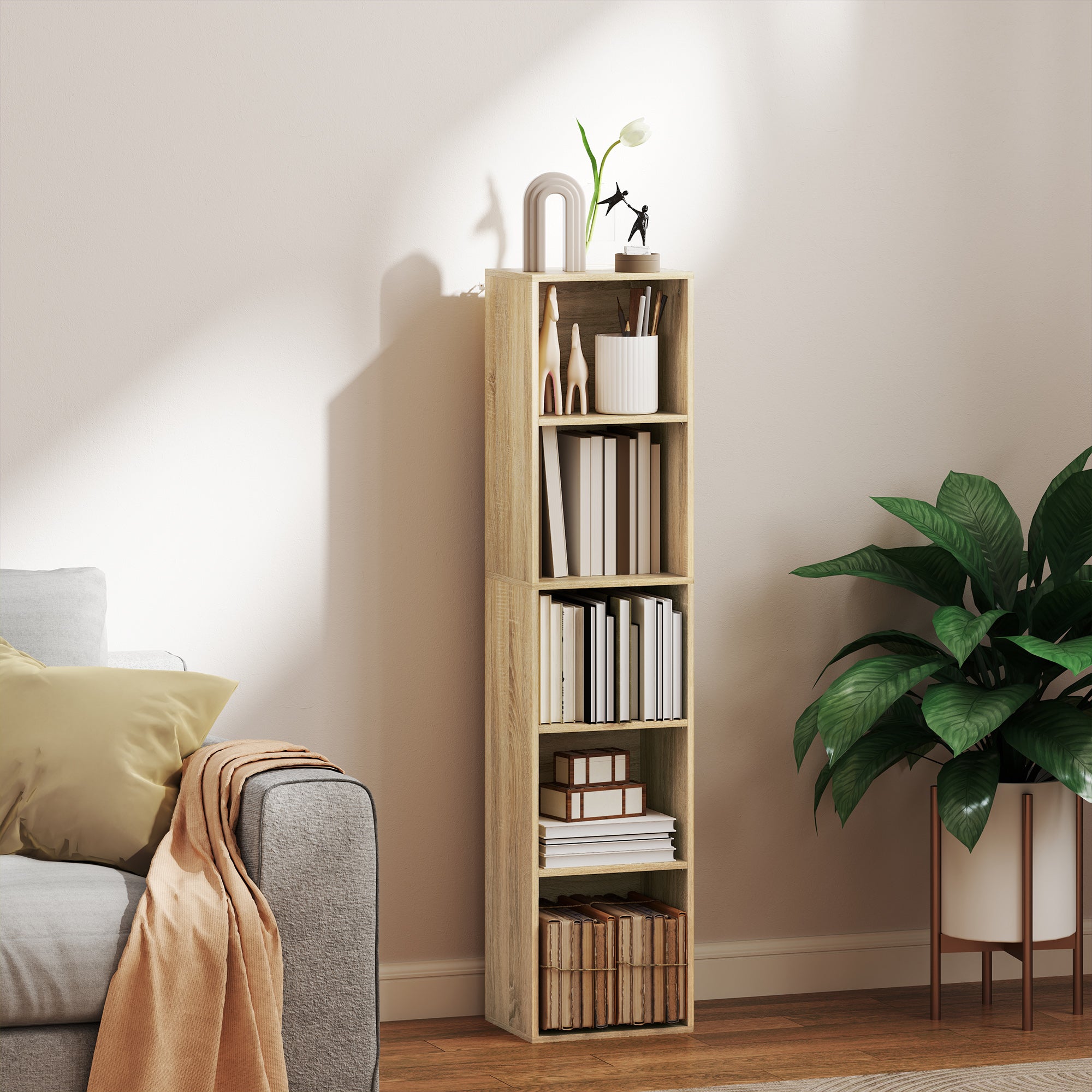 Bookshelf, 5-Tier Storage Shelf, Storage Unit with Adjustable Shelves for Living Room, Bedroom, Office, 30 x 24 x 133.5 cm, Natural Wood