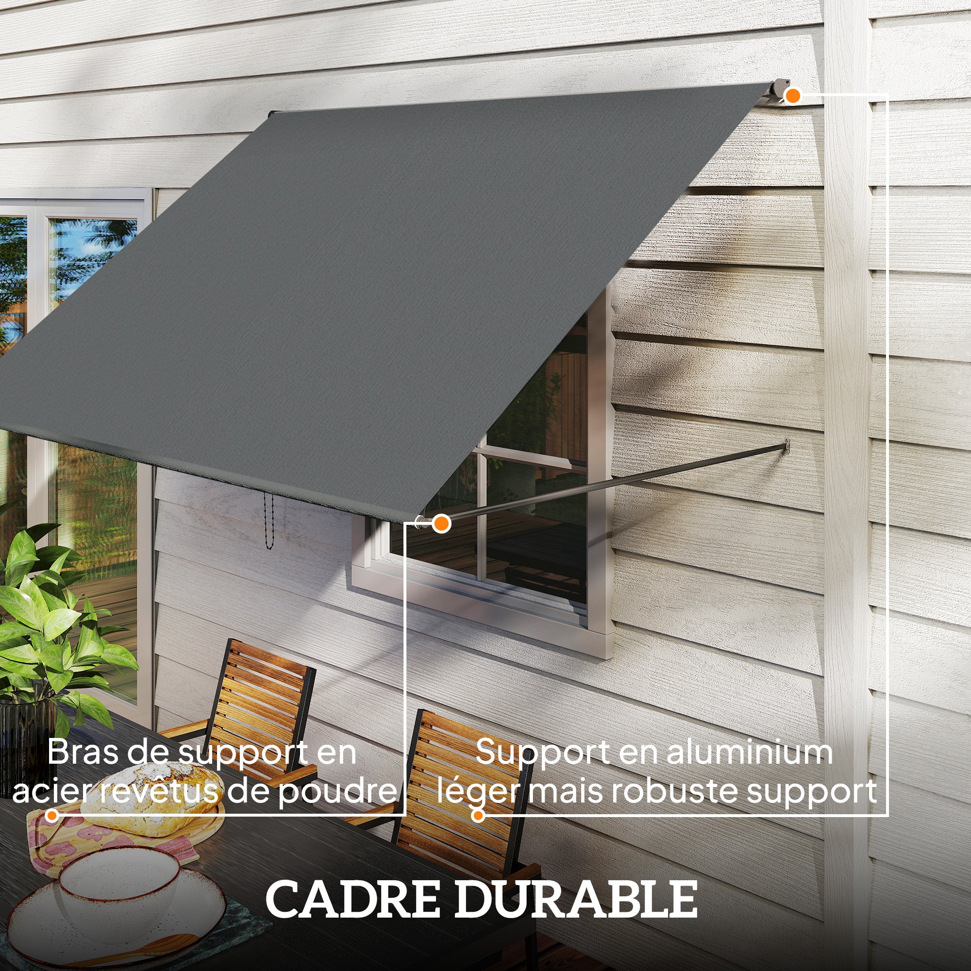 Manual Retractable Awning, Adjustable Tilt, 195 x 120 cm (76.8" x 47.2"), Aluminum & Polyester, Dark Gray