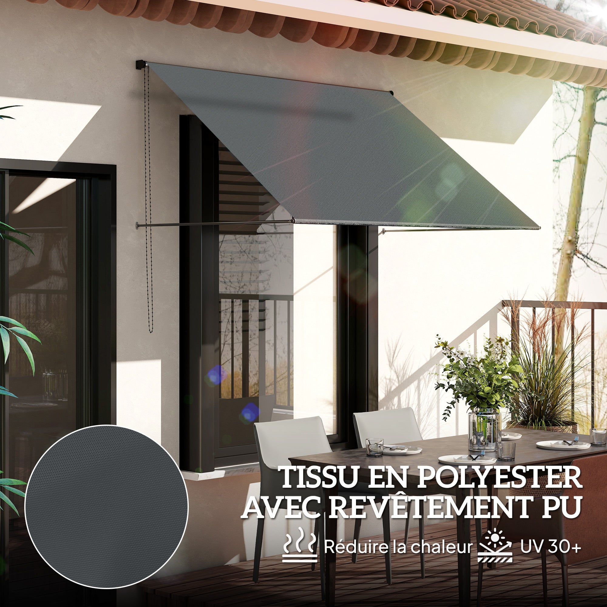 Manual Retractable Awning, Adjustable Tilt, 195 x 120 cm (76.8" x 47.2"), Aluminum & Polyester, Dark Gray