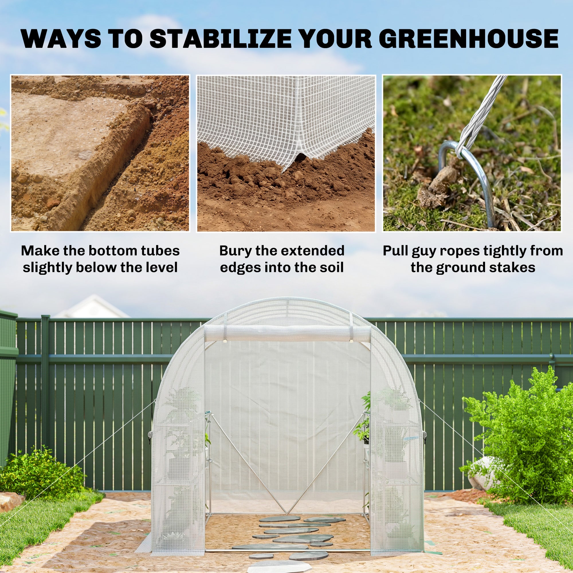 PE Tunnel Greenhouse with Shelves, Roll-Up Zip Door, 6 Mesh Windows, Support Bars, UV-Resistant Cover, Winter-Ready Tomato House, White (198 x 275 x 191 cm)