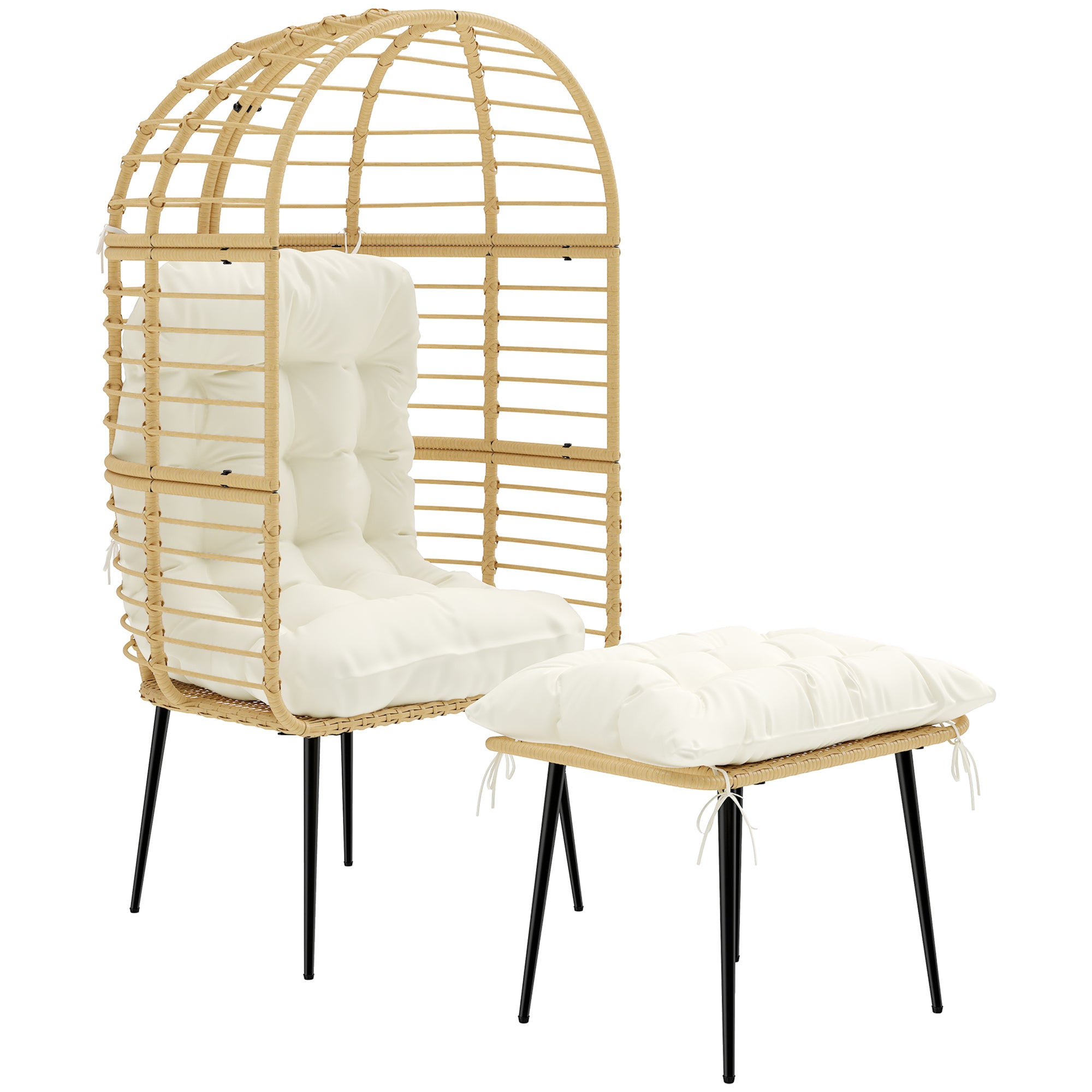 Egg-Shaped PE Rattan Lounge Chair with Ottoman — Boho Patio & Indoor Lounger with Thick Cushions, Powder-Coated Frame, Beige