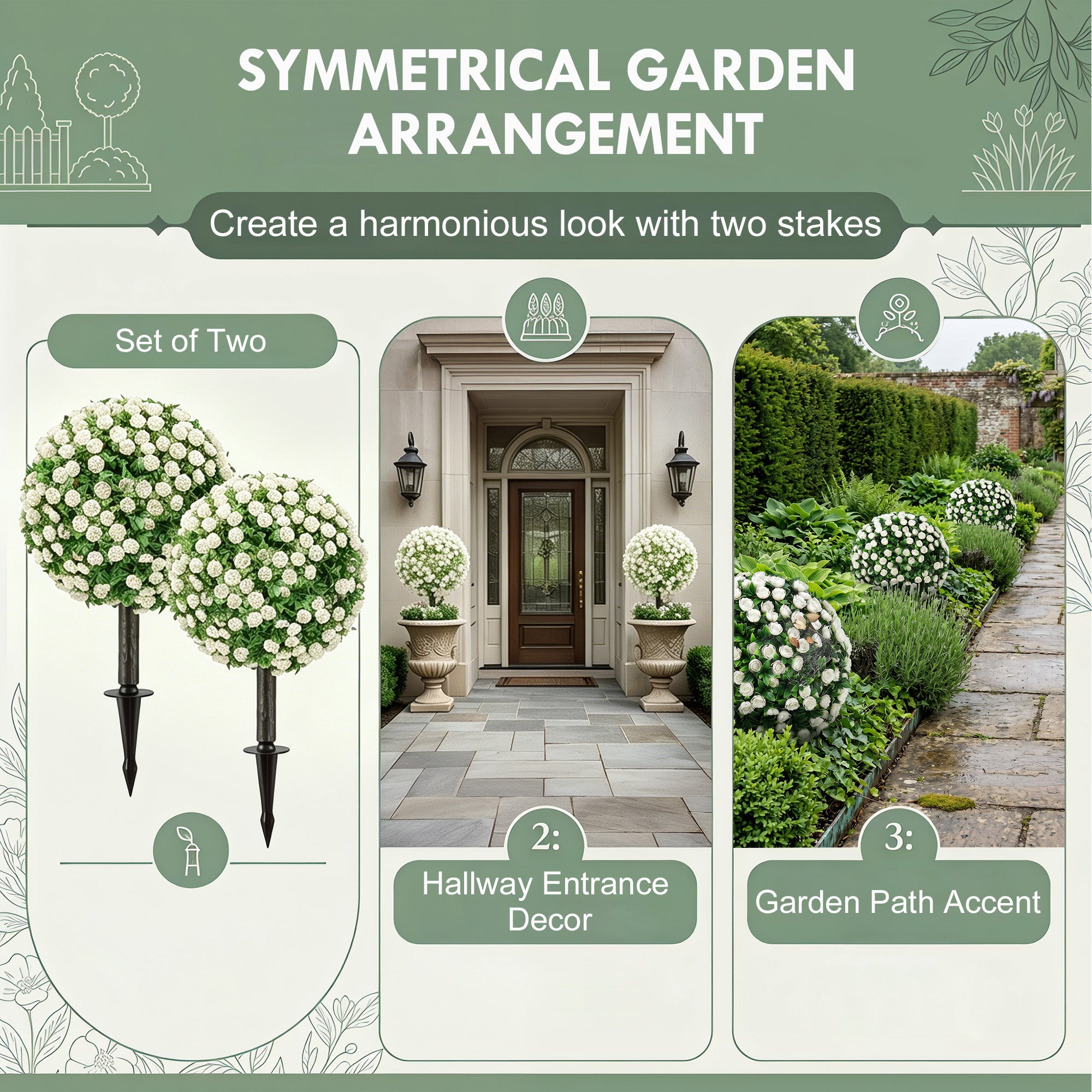 Artificial Rose Topiary Balls 2-Pack, 55 cm (21.7 in) UV-Resistant Artificial Plants with 306 White Roses and Ground Spike for Living Room, Bedroom, Office, Garden