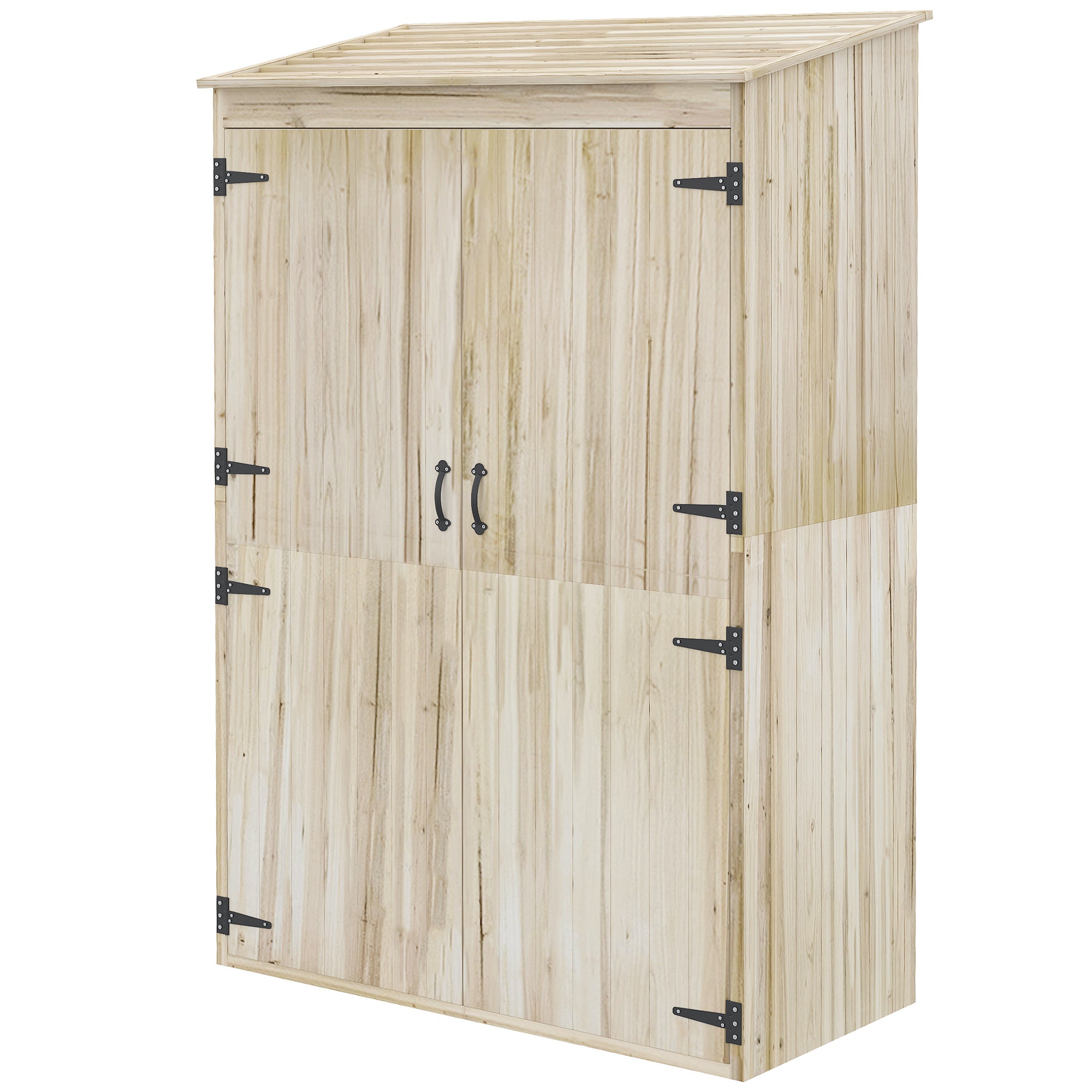 Spruce Wood Garden Shed with 2 Doors, Tool Storage Shed with Shelves and Sloping Roof, 120x57x183cm, Natural