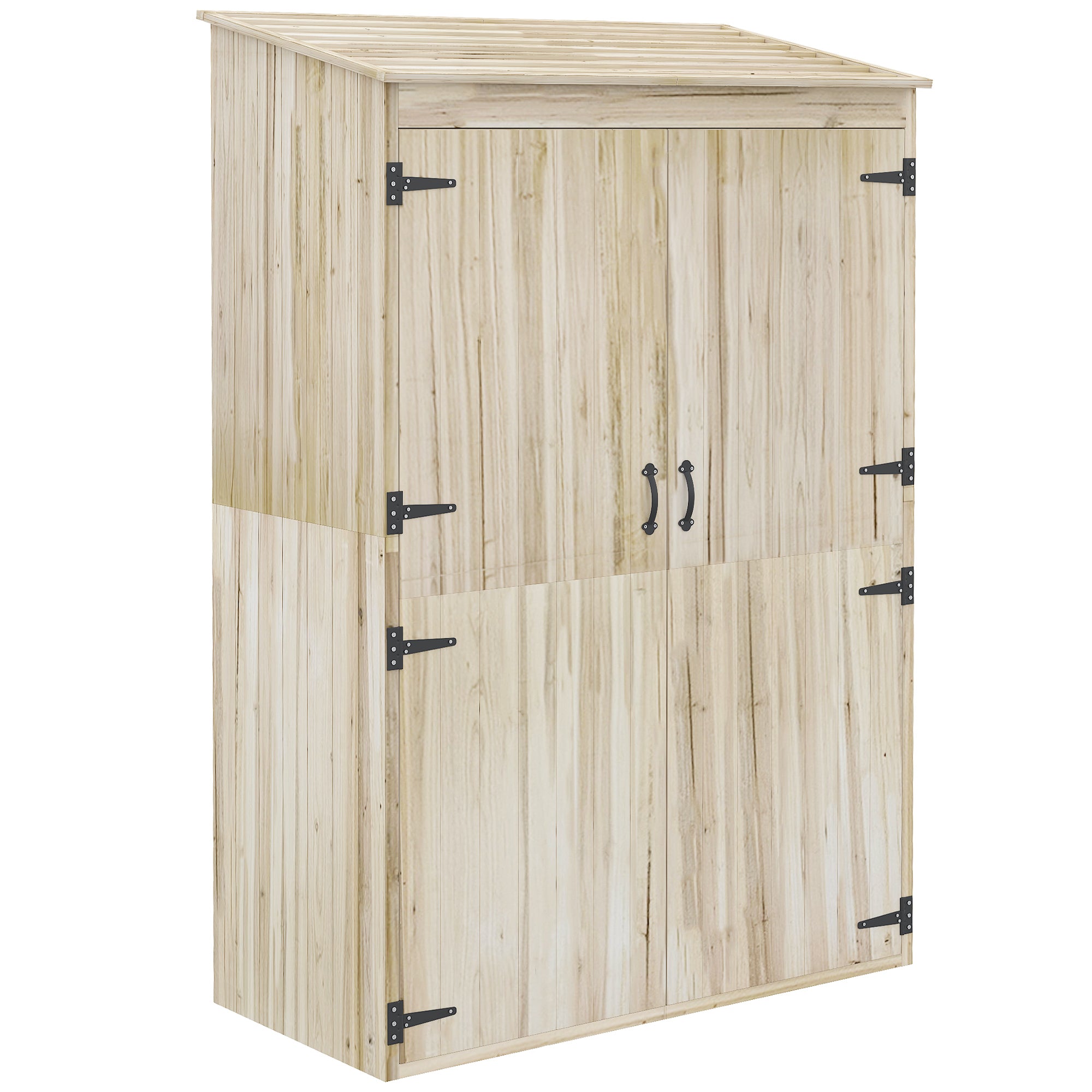 Spruce Wood Garden Shed with 2 Doors, Tool Storage Shed with Shelves and Sloping Roof, 120x57x183cm, Natural
