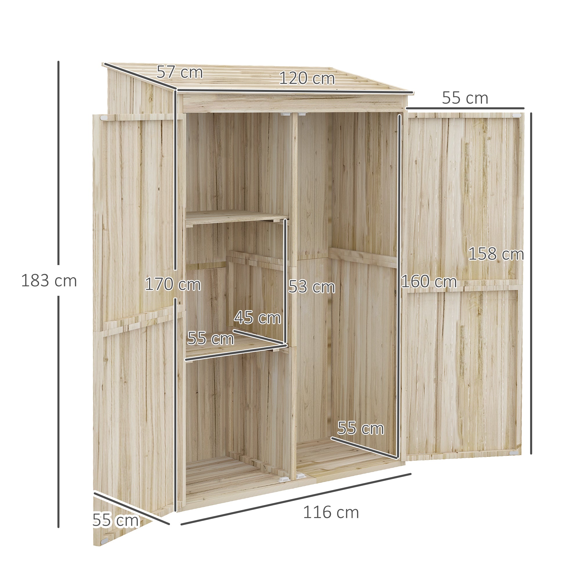 Spruce Wood Garden Shed with 2 Doors, Tool Storage Shed with Shelves and Sloping Roof, 120x57x183cm, Natural