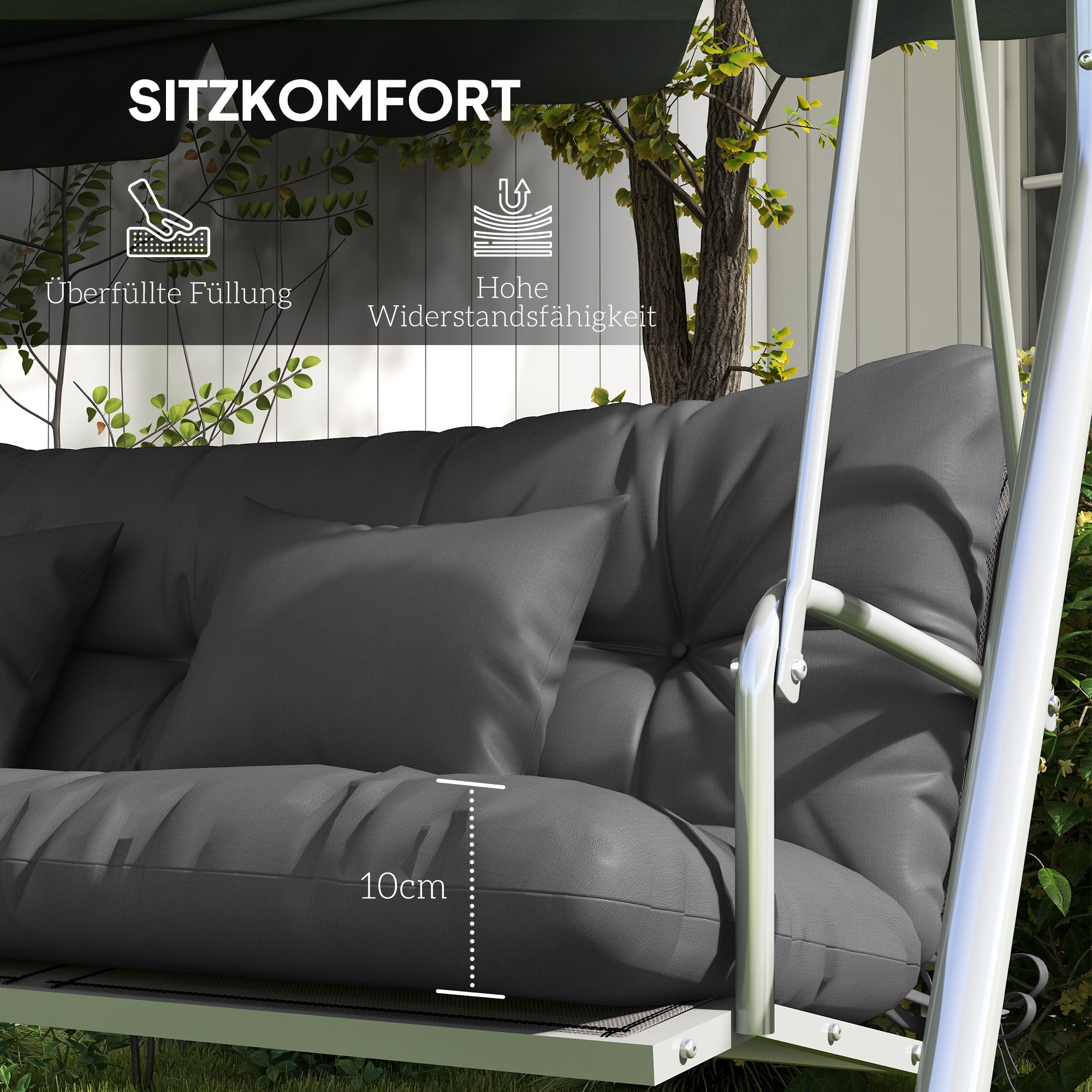 4-Piece Seat Cushion Set, 150x50 cm Water-Resistant Chair Cushions with Tie Strings, Knotted Design 10cm Thick Padding for Swing, Seat Pad for Home, Garden, Sofa, Dark Grey