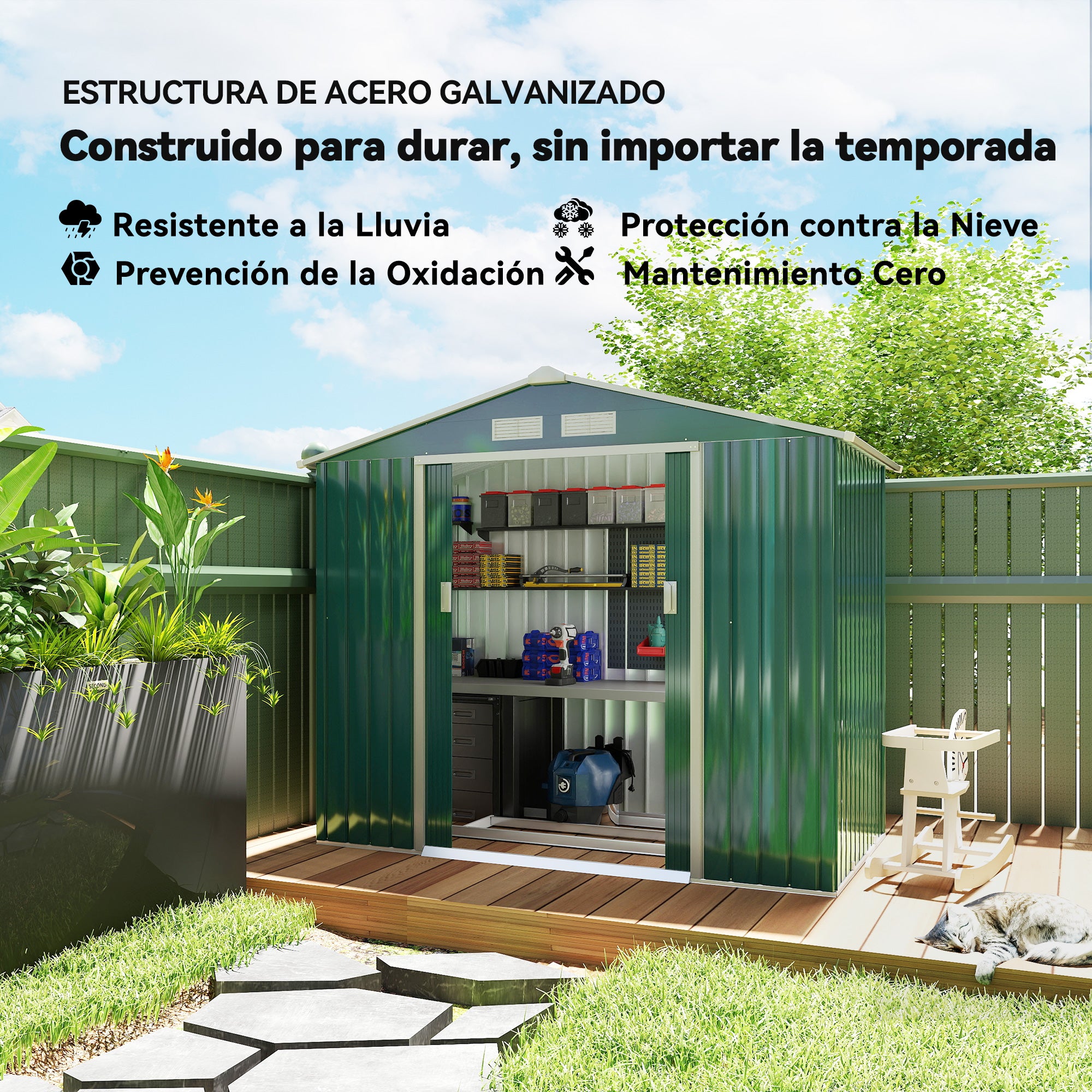 Garden Shed 2.42m² with Reinforcement Base No Floor 213x130x185 cm Outdoor Garden Shed with 2 Sliding Doors and 4 Windows for Tool Storage Dark Green