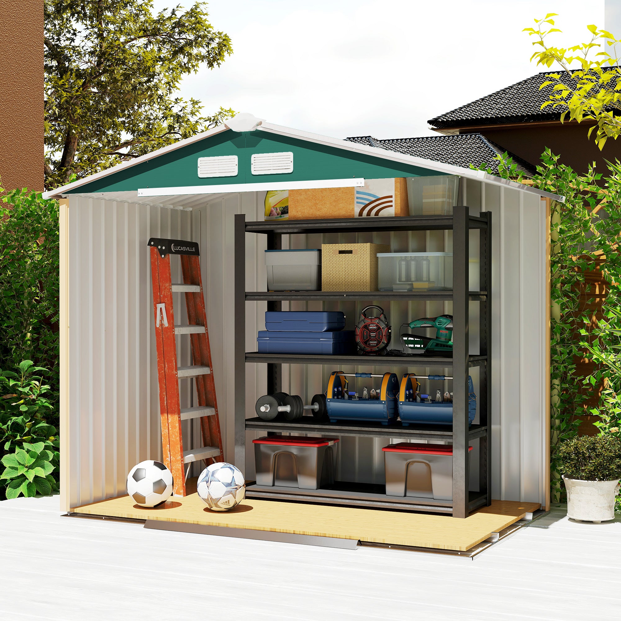 Garden Shed 2.42m² with Reinforcement Base No Floor 213x130x185 cm Outdoor Garden Shed with 2 Sliding Doors and 4 Windows for Tool Storage Dark Green