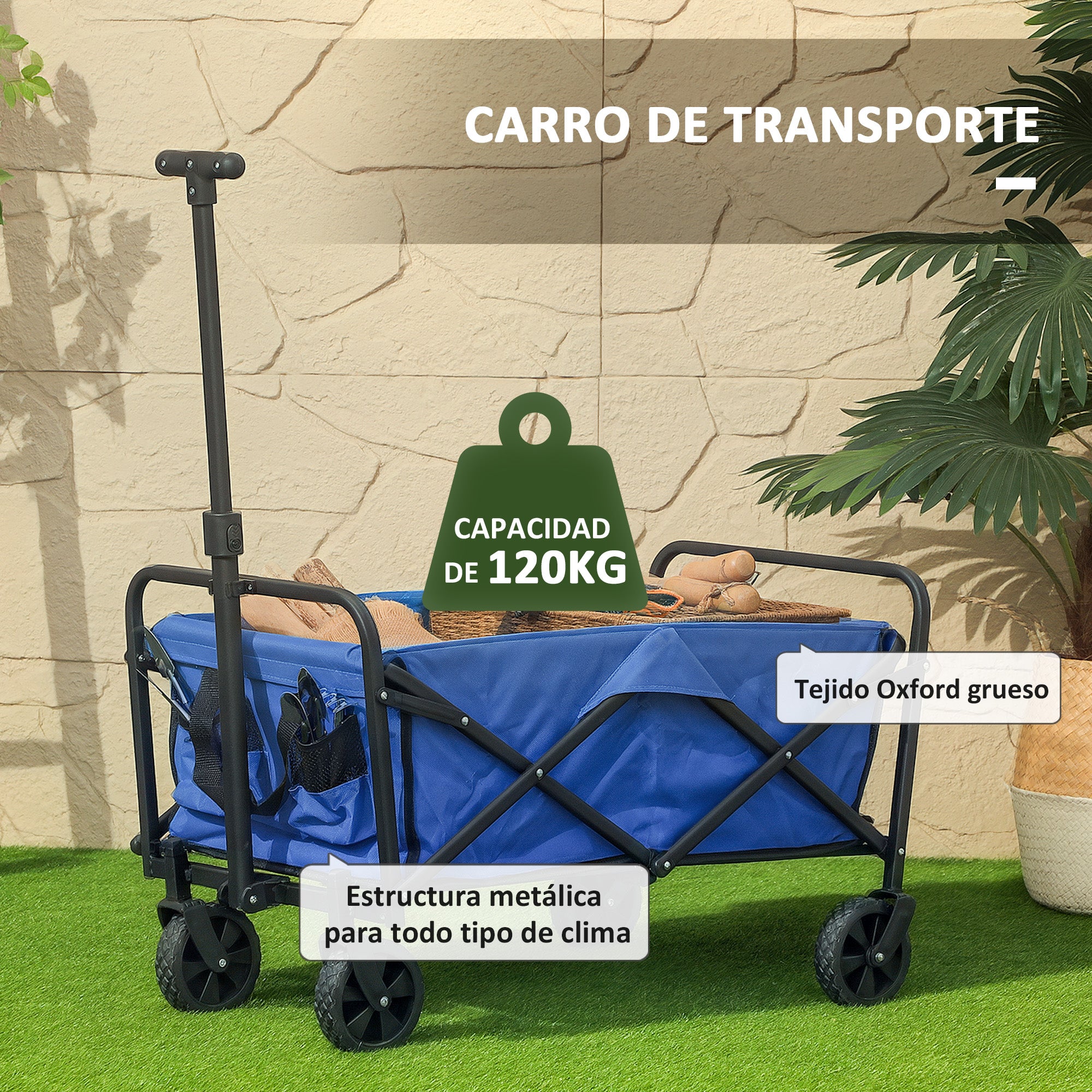 Beach Cart with Wheels Folding Garden Cart with Adjustable Telescopic Handle 2 Storage Bags Load 100 kg All Terrain Transport Cart for Garden Camping Shopping Blue