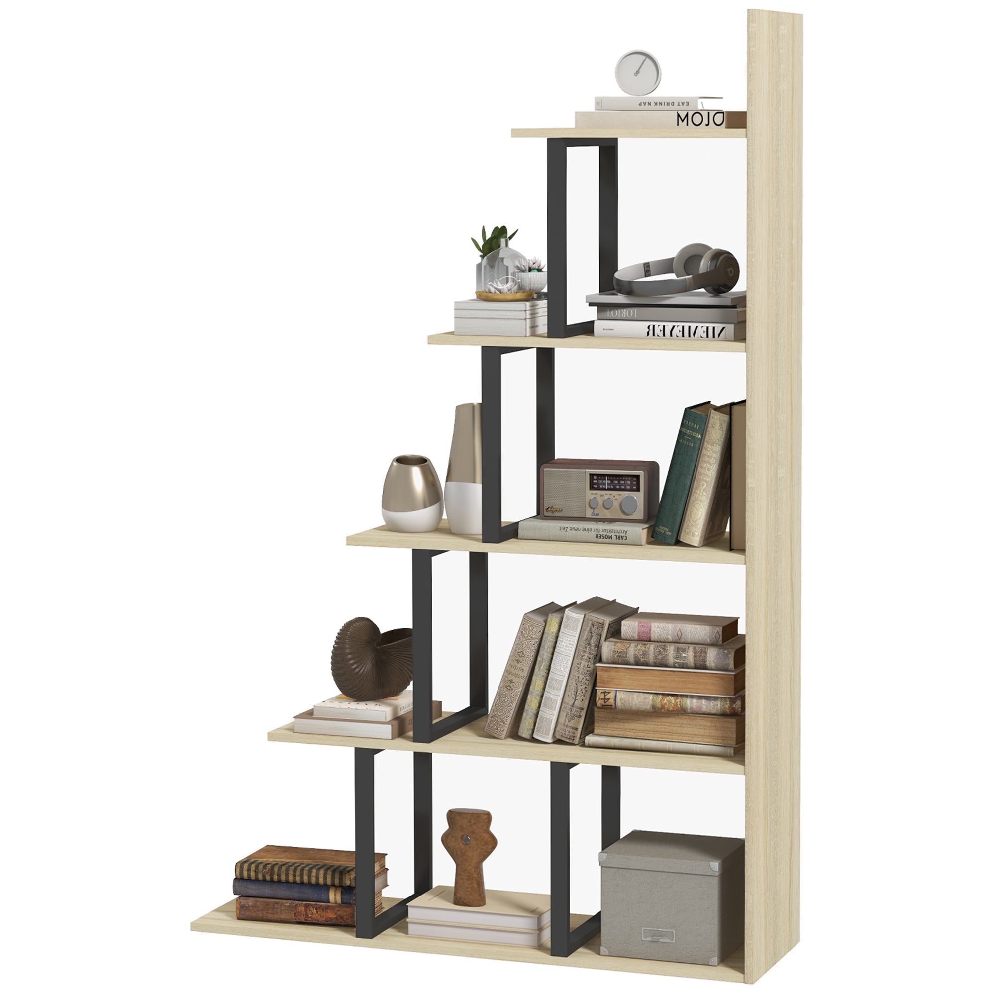 Industrial Style Stepped Bookcase Room Divider with 5 Shelves 102 x 30 x 160 cm Oak