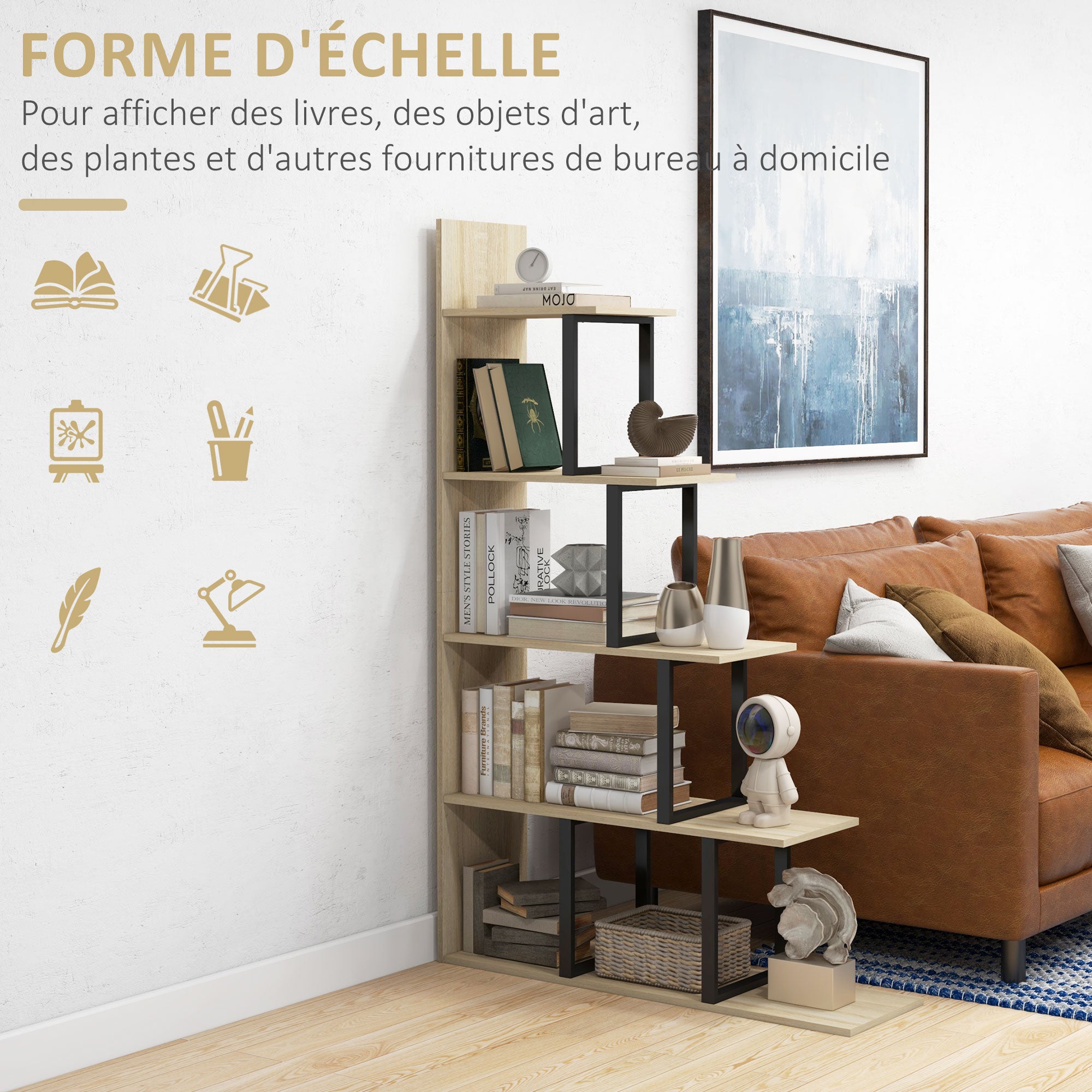 Industrial Style Stepped Bookcase Room Divider with 5 Shelves 102 x 30 x 160 cm Oak