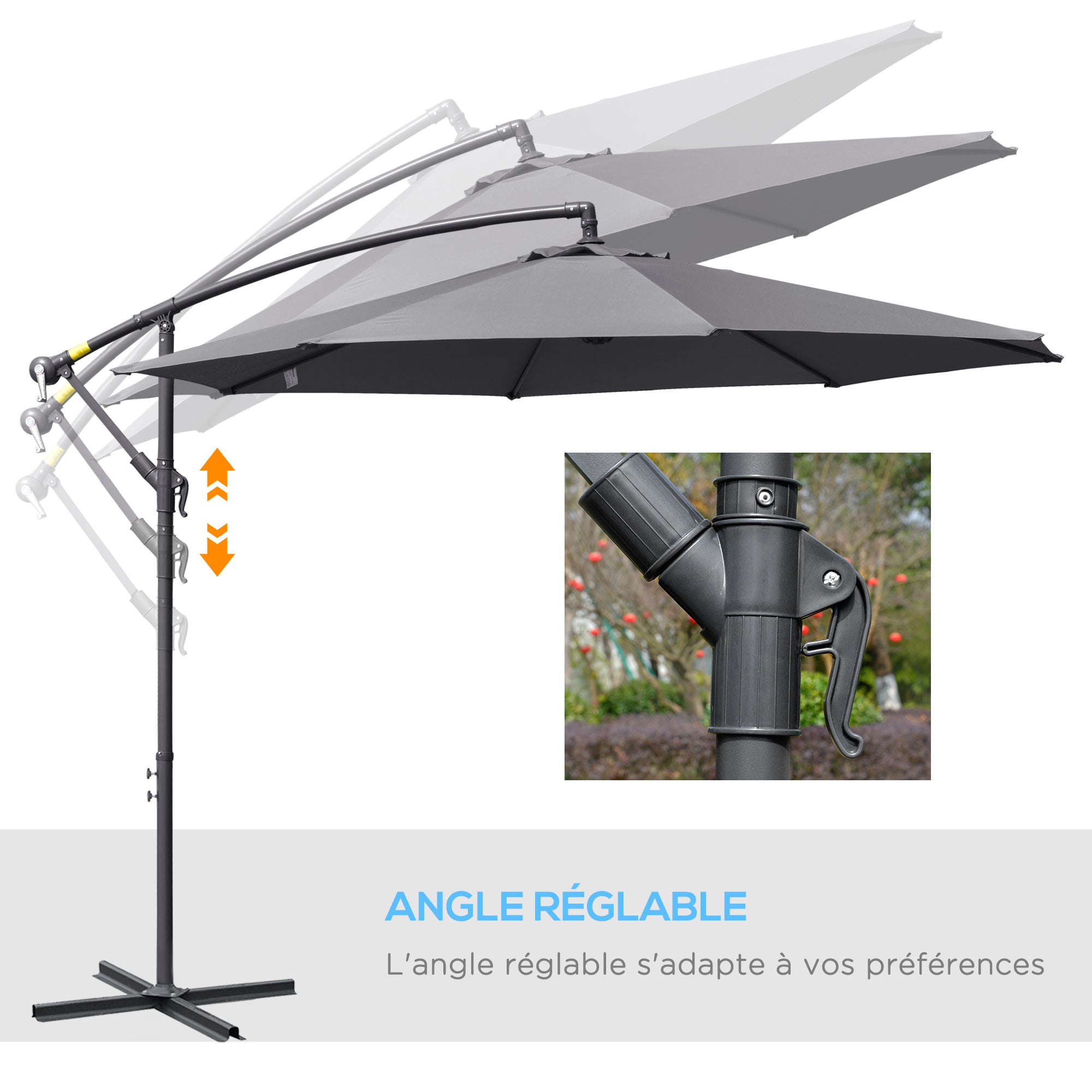 3m diameter foldable octagonal cantilever garden parasol with cross base in gray