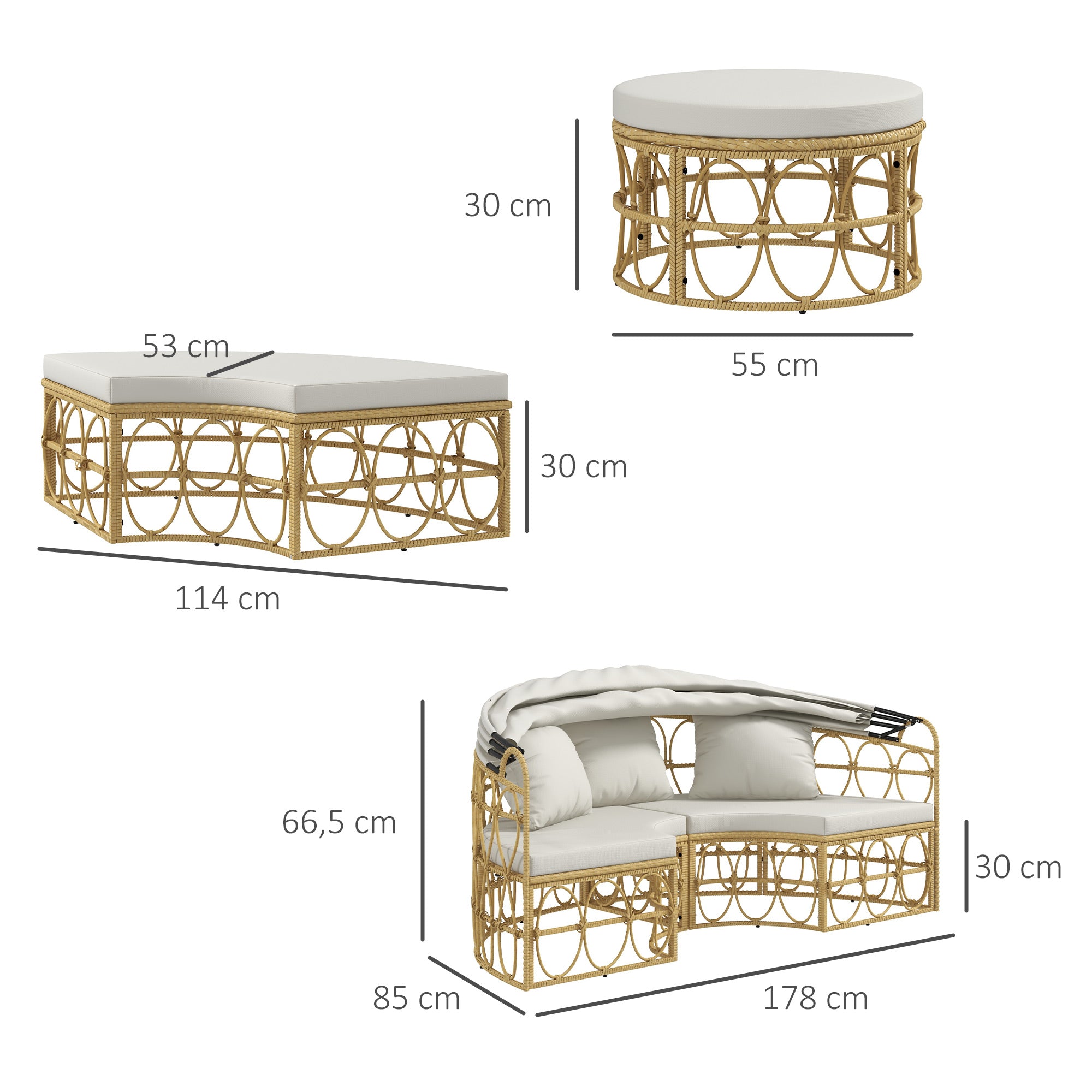 Sun Island, 4-piece Seashell Garden Furniture Set with Foldable Canopy, Coffee Table, Two-Seater, Bench, Garden Lounge Set, Seating Group for Outdoor, Cream