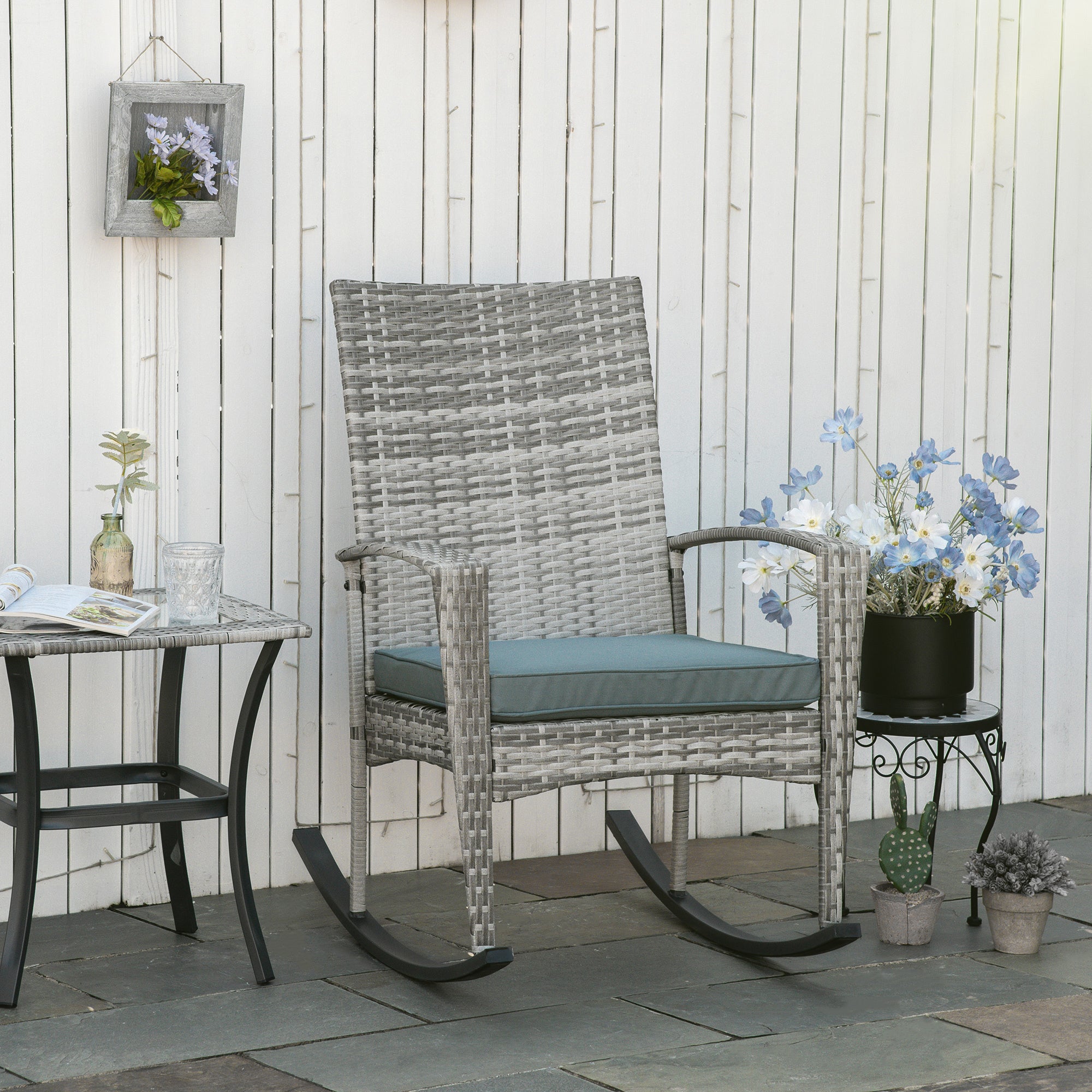 Swing Chair Rocking Chair Garden Chair with Cushion, Polyrattan+Metal, Gray, 66 x 88 x 98 cm