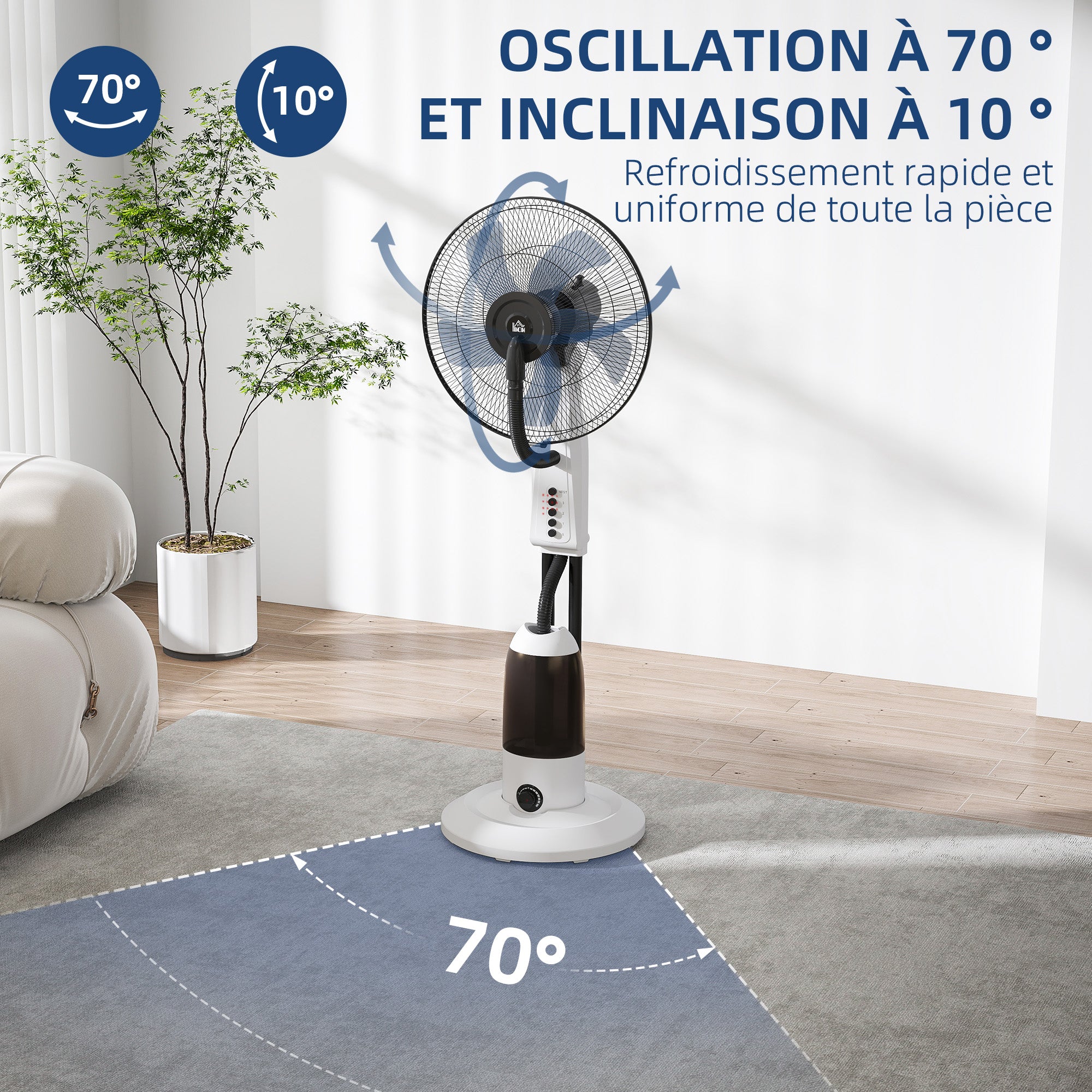 90W Quiet Mist Fan, 120cm Stand Fan with 3 Speeds, 70° Oscillation, Adjustable Head, 2.8L Water Tank, White