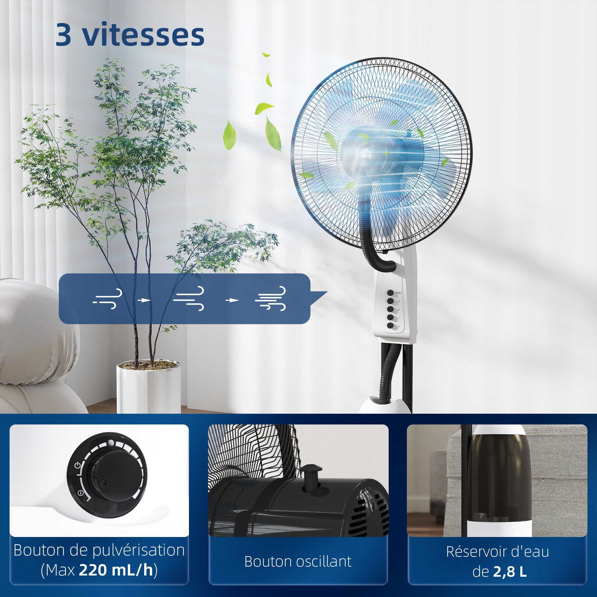 90W Quiet Mist Fan, 120cm Stand Fan with 3 Speeds, 70° Oscillation, Adjustable Head, 2.8L Water Tank, White