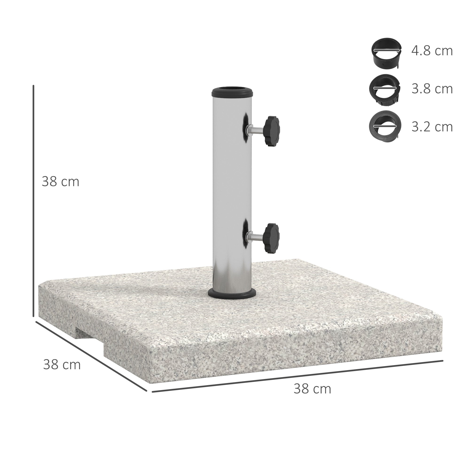 Garden Umbrella Base 25kg for Poles with Ø32mm, Ø38mm and Ø48mm, Granite and Stainless Steel Umbrella Base with Side Knobs and Handles, 38x38x38 cm, Gray