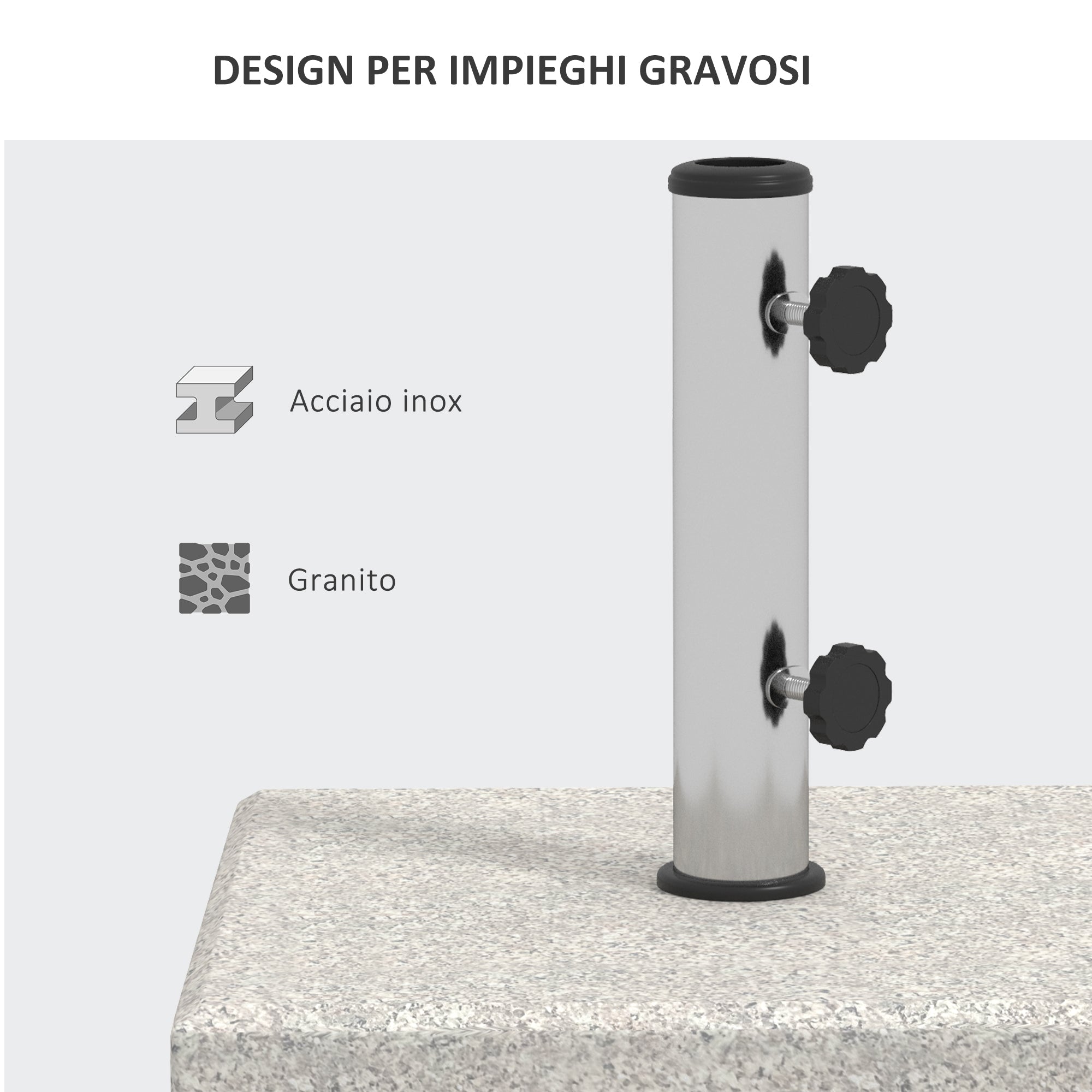 Garden Umbrella Base 25kg for Poles with Ø32mm, Ø38mm and Ø48mm, Granite and Stainless Steel Umbrella Base with Side Knobs and Handles, 38x38x38 cm, Gray
