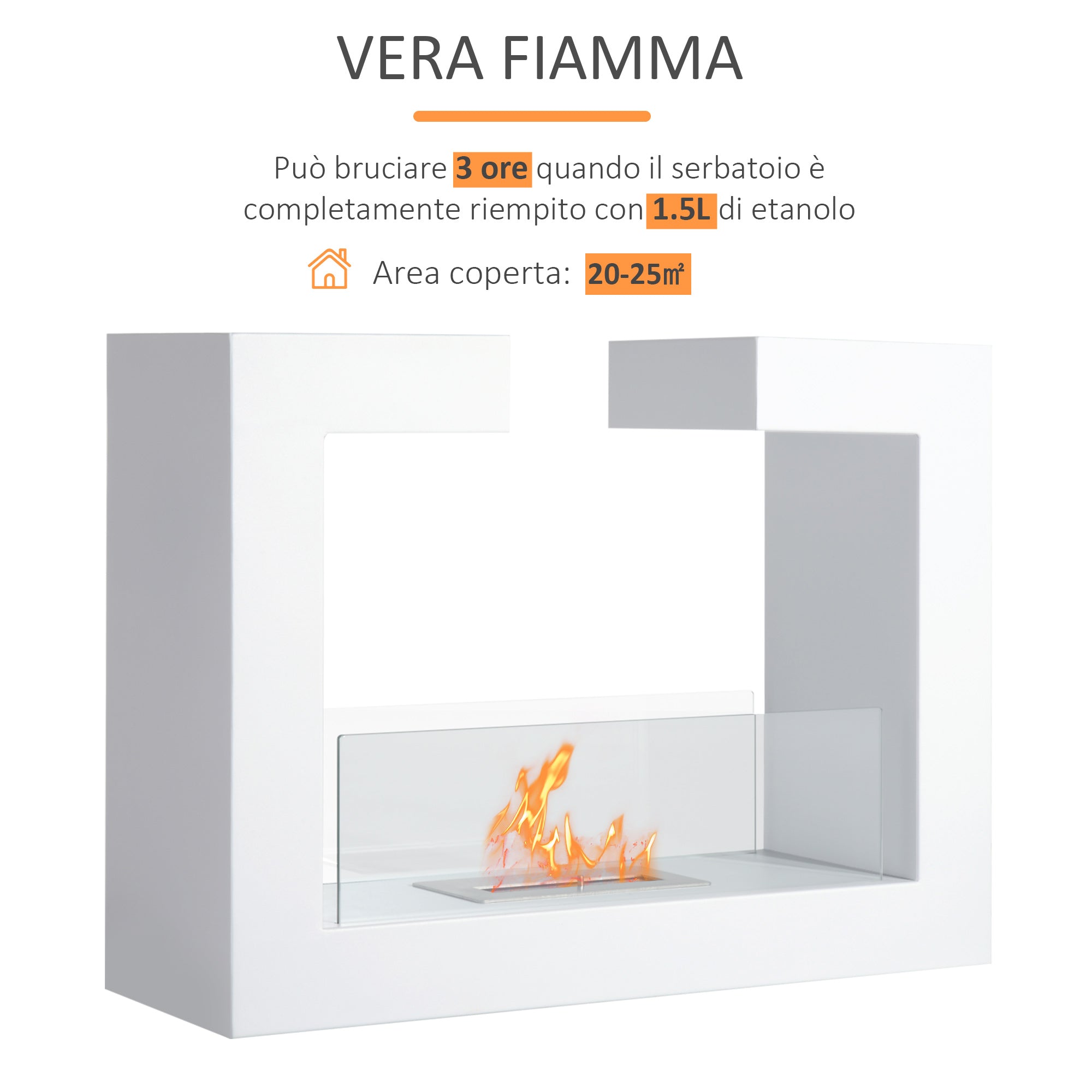 Tabletop Bioethanol Fireplace 2000W in Stainless Steel Odorless with Glass 78 x 25 x 58 cm White