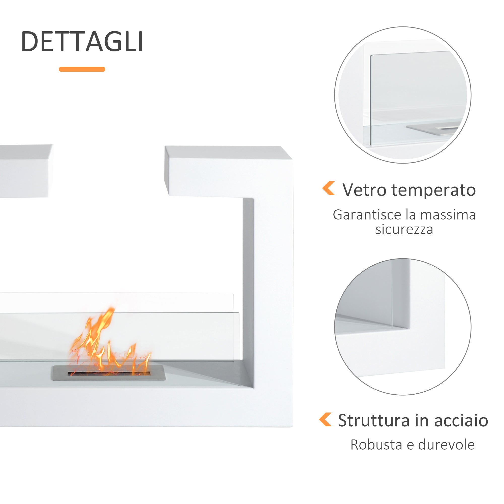 Tabletop Bioethanol Fireplace 2000W in Stainless Steel Odorless with Glass 78 x 25 x 58 cm White