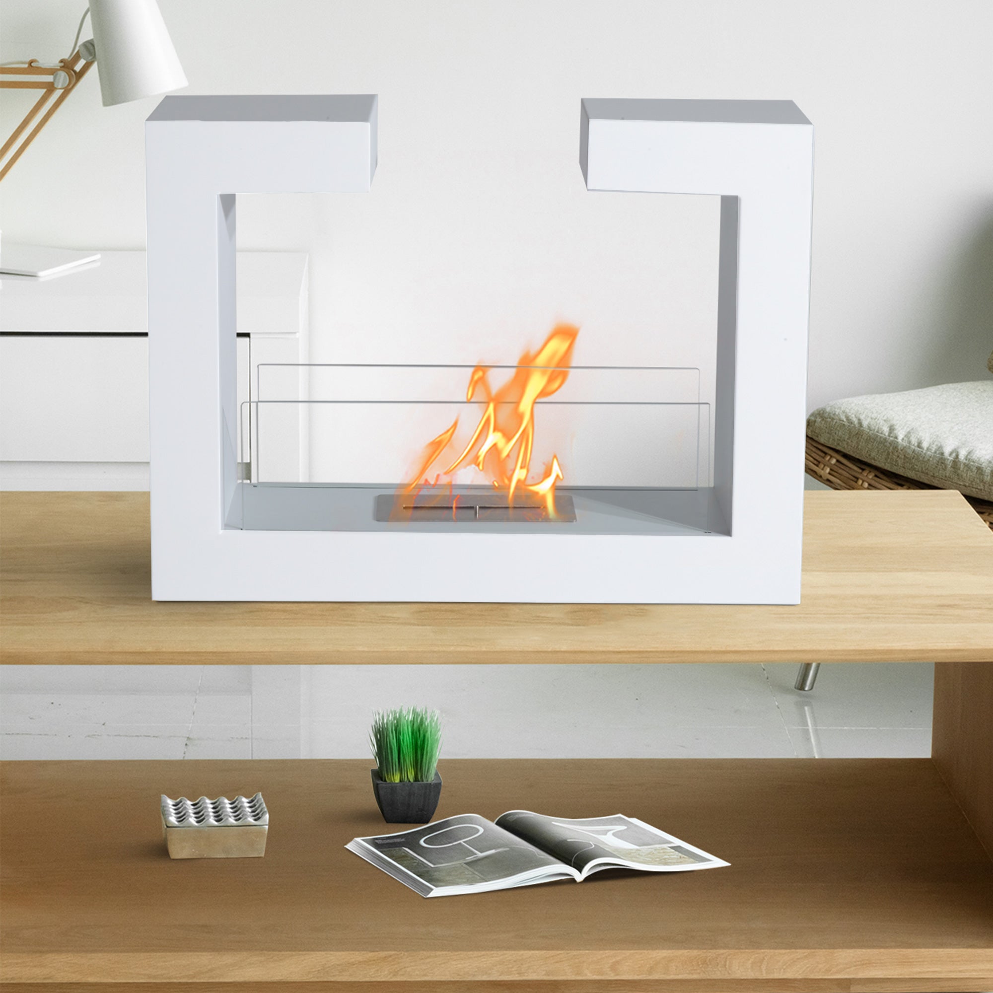 Tabletop Bioethanol Fireplace 2000W in Stainless Steel Odorless with Glass 78 x 25 x 58 cm White