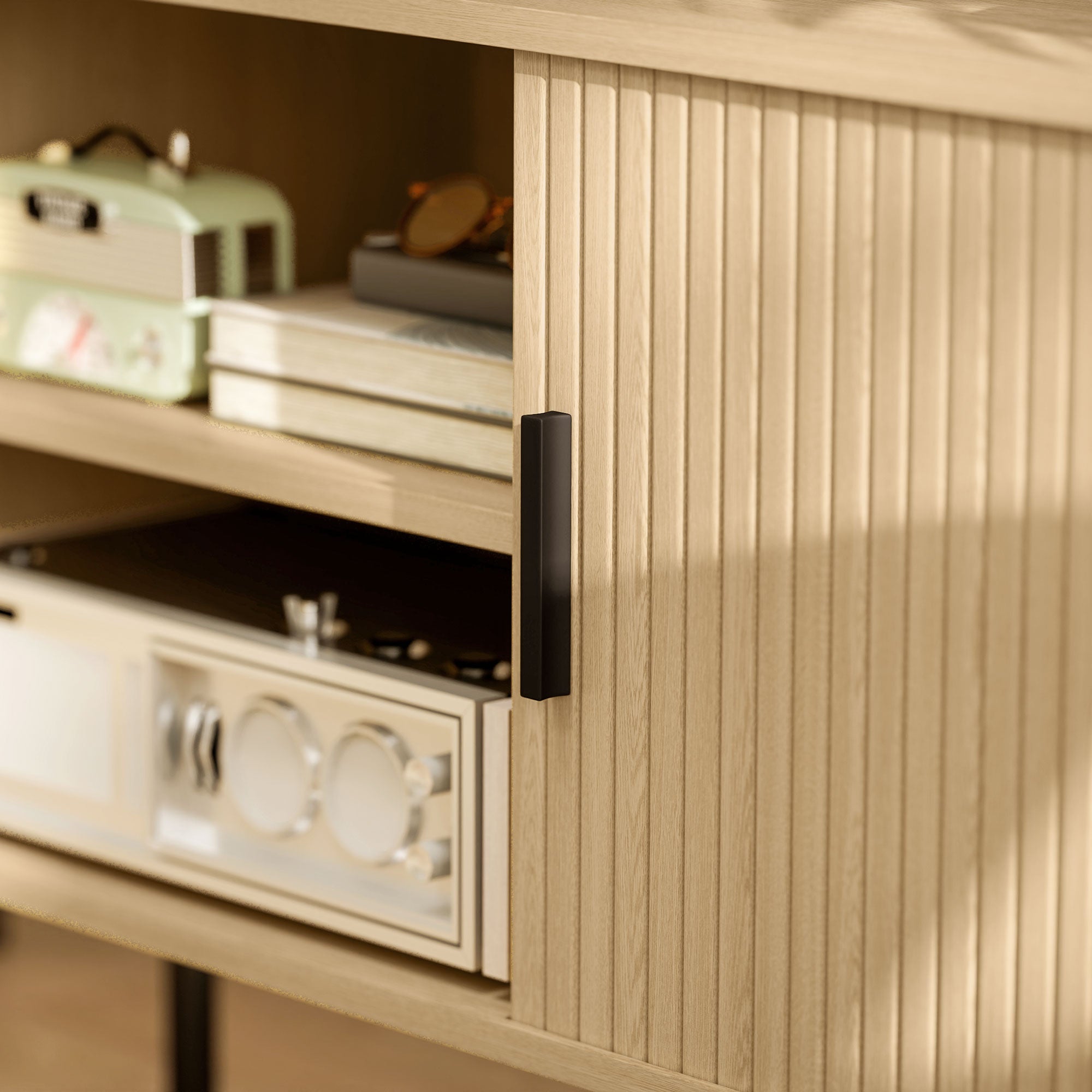 Vintage TV Stand Living Room TV Cabinet with 2 Sliding Drum Doors 2 Open Shelves TV Stand for 55-Inch TVs 120x40x55 cm Oak