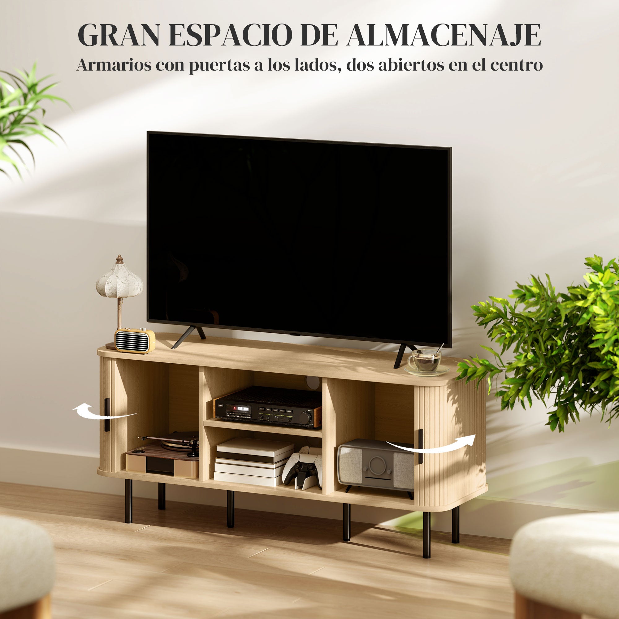 Vintage TV Stand Living Room TV Cabinet with 2 Sliding Drum Doors 2 Open Shelves TV Stand for 55-Inch TVs 120x40x55 cm Oak