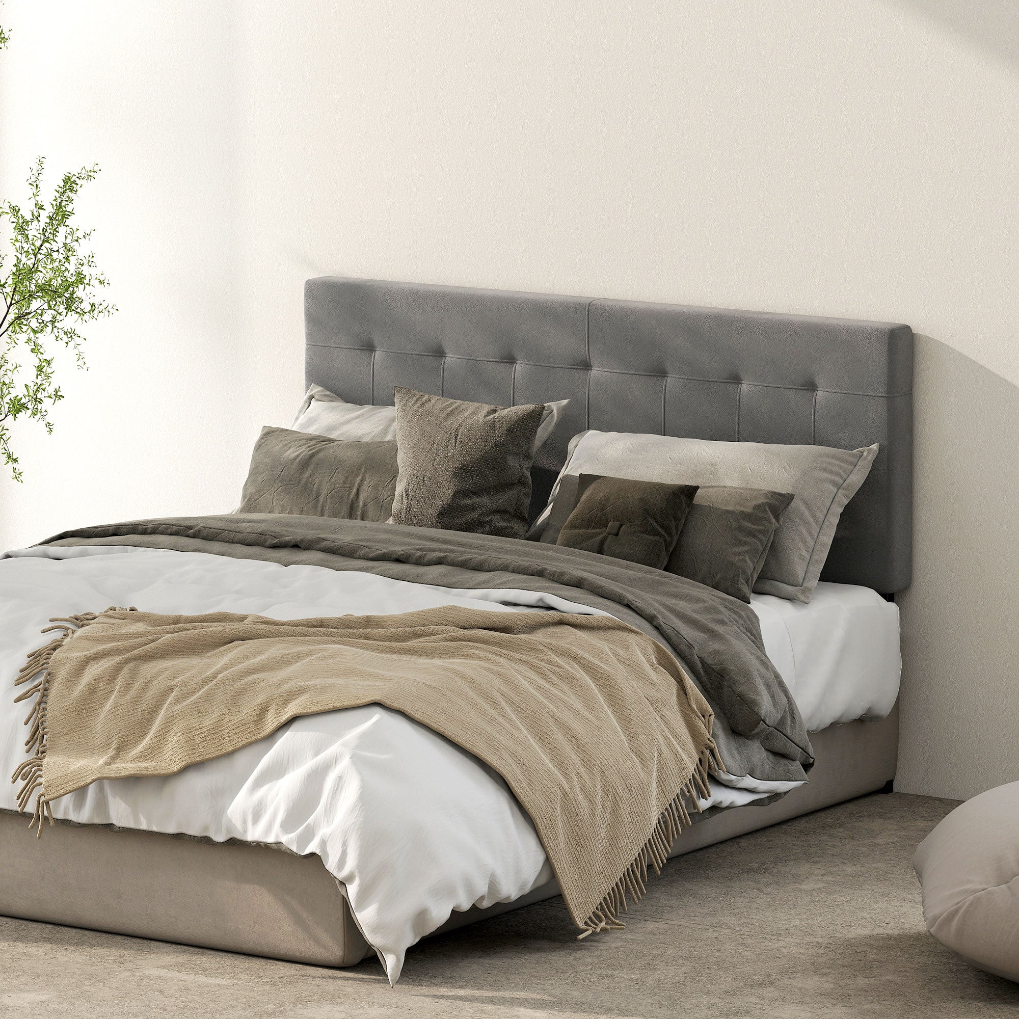 3-Height Adjustable Velvet-Look Padded Headboard with Metal Legs — Fits 53–55" Beds, Gray (140 x 10 x 106/116/126 cm)