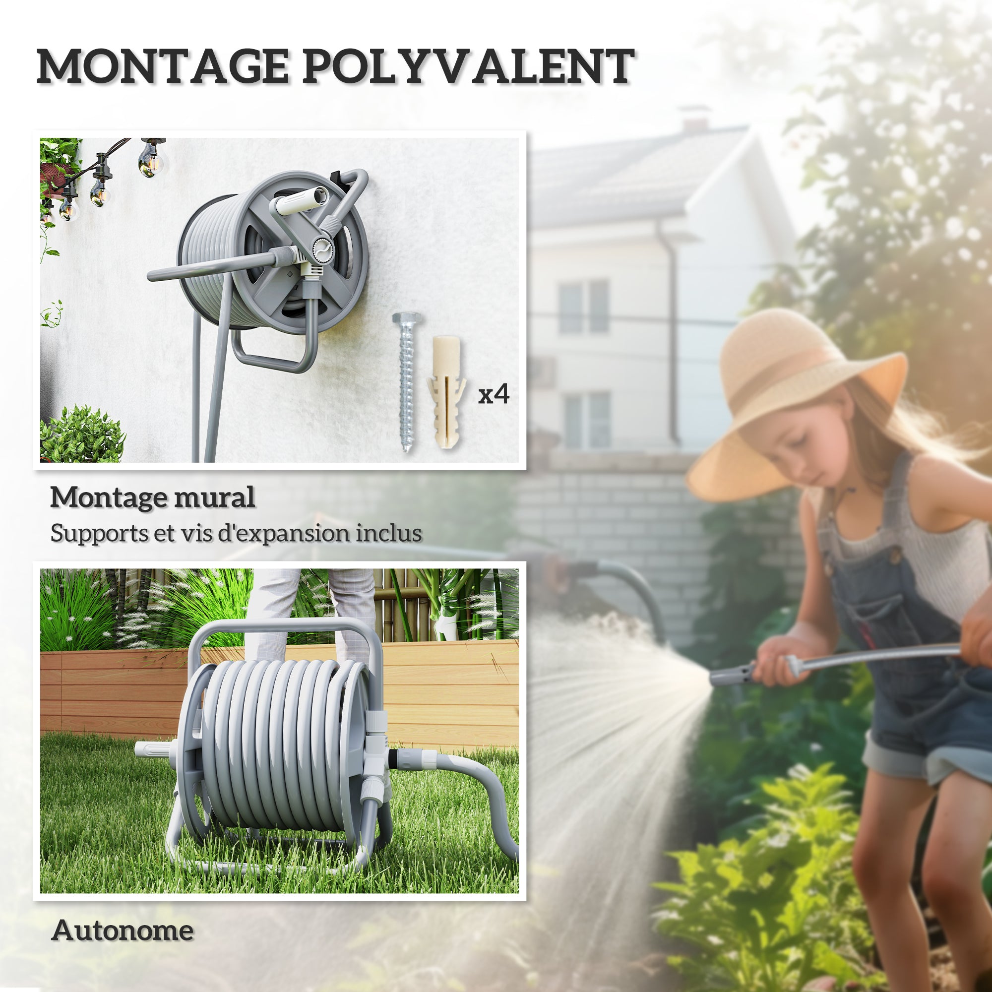 Hose Reel with 20m Hose and 2m Inlet, Adjustable 2-in-1 Spray Nozzle, Wall-Mounted or Free-Standing