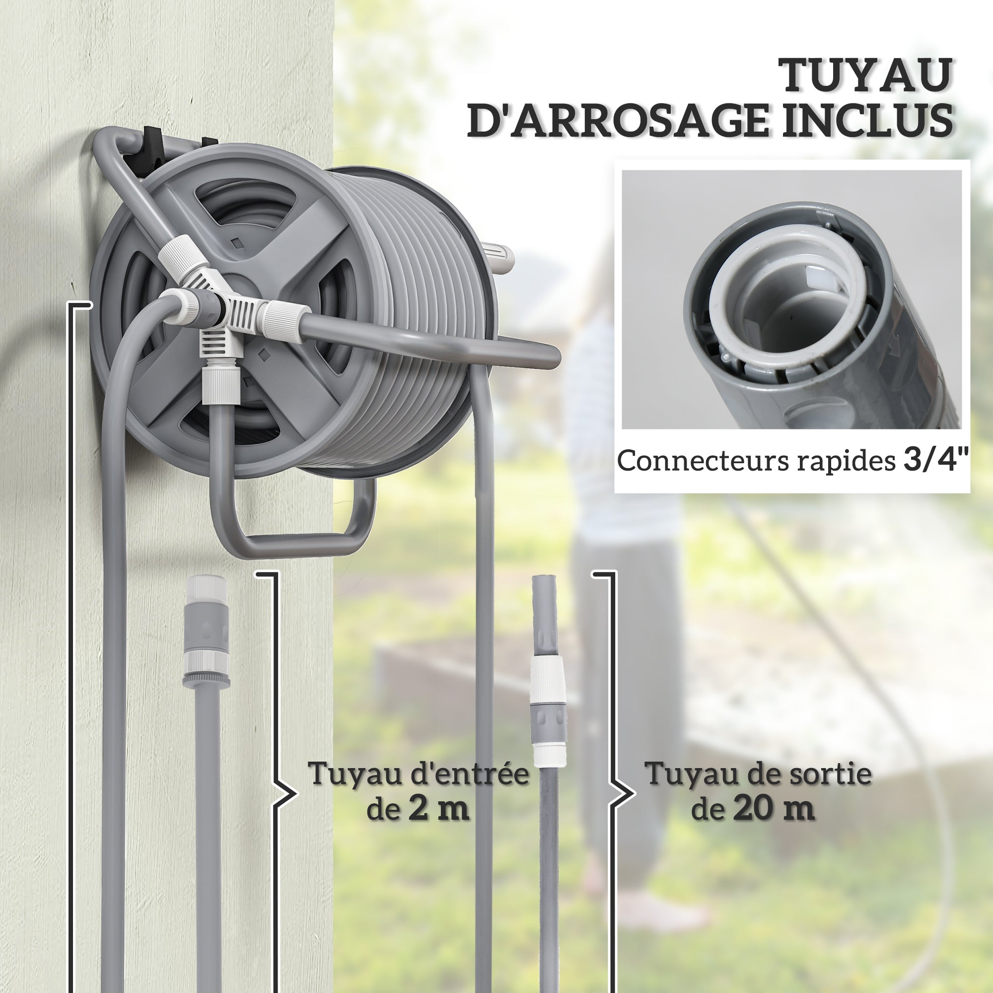 Hose Reel with 20m Hose and 2m Inlet, Adjustable 2-in-1 Spray Nozzle, Wall-Mounted or Free-Standing