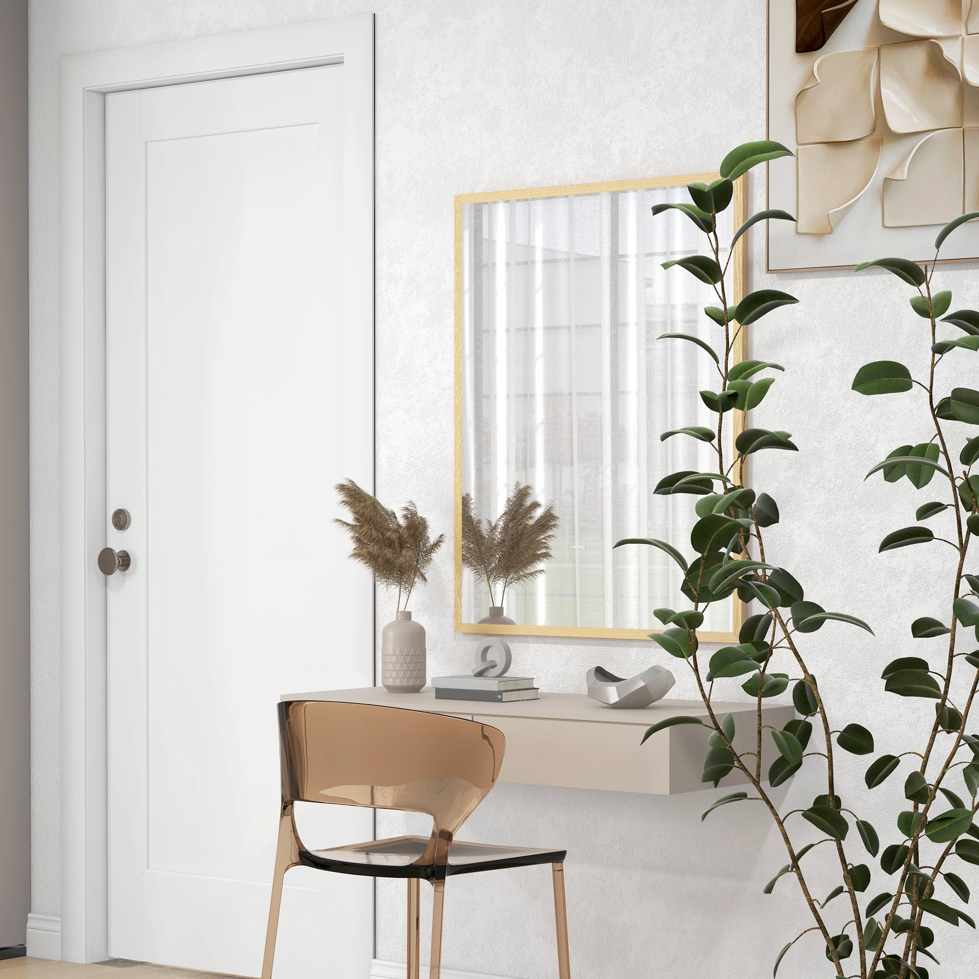 Rectangular Wall Mirror 90 x 70 cm, wooden frame, ideal for bathroom, living room, or bedroom, natural