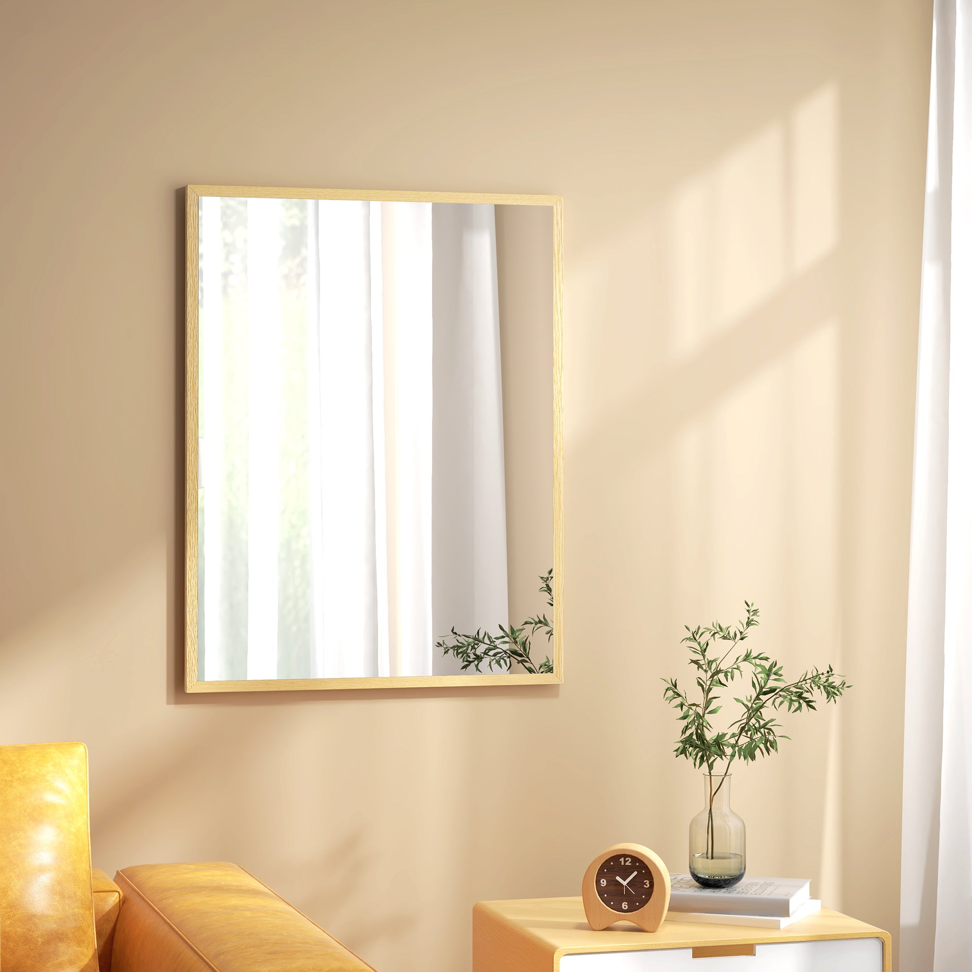 Rectangular Wall Mirror 90 x 70 cm, wooden frame, ideal for bathroom, living room, or bedroom, natural