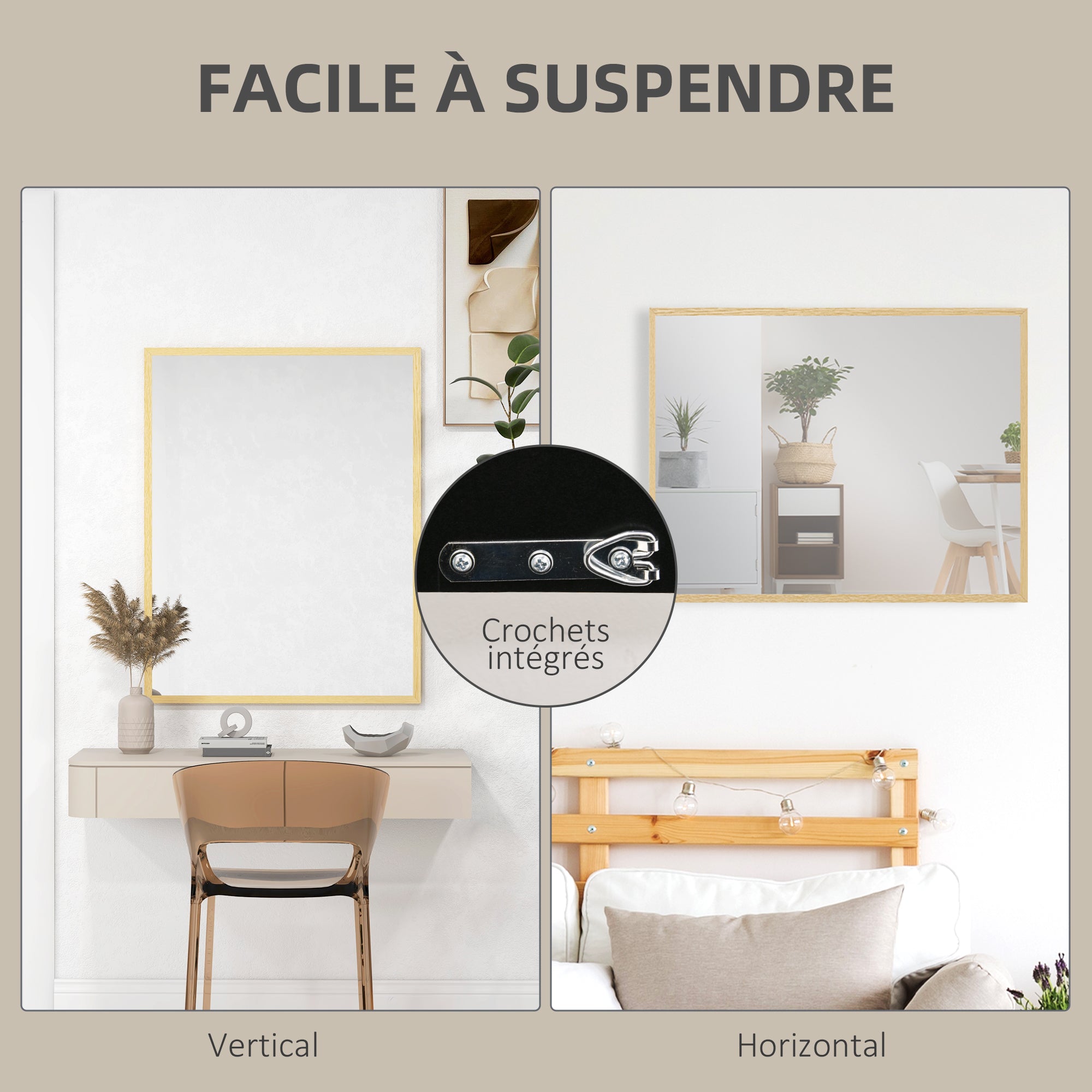 Rectangular Wall Mirror 90 x 70 cm, wooden frame, ideal for bathroom, living room, or bedroom, natural