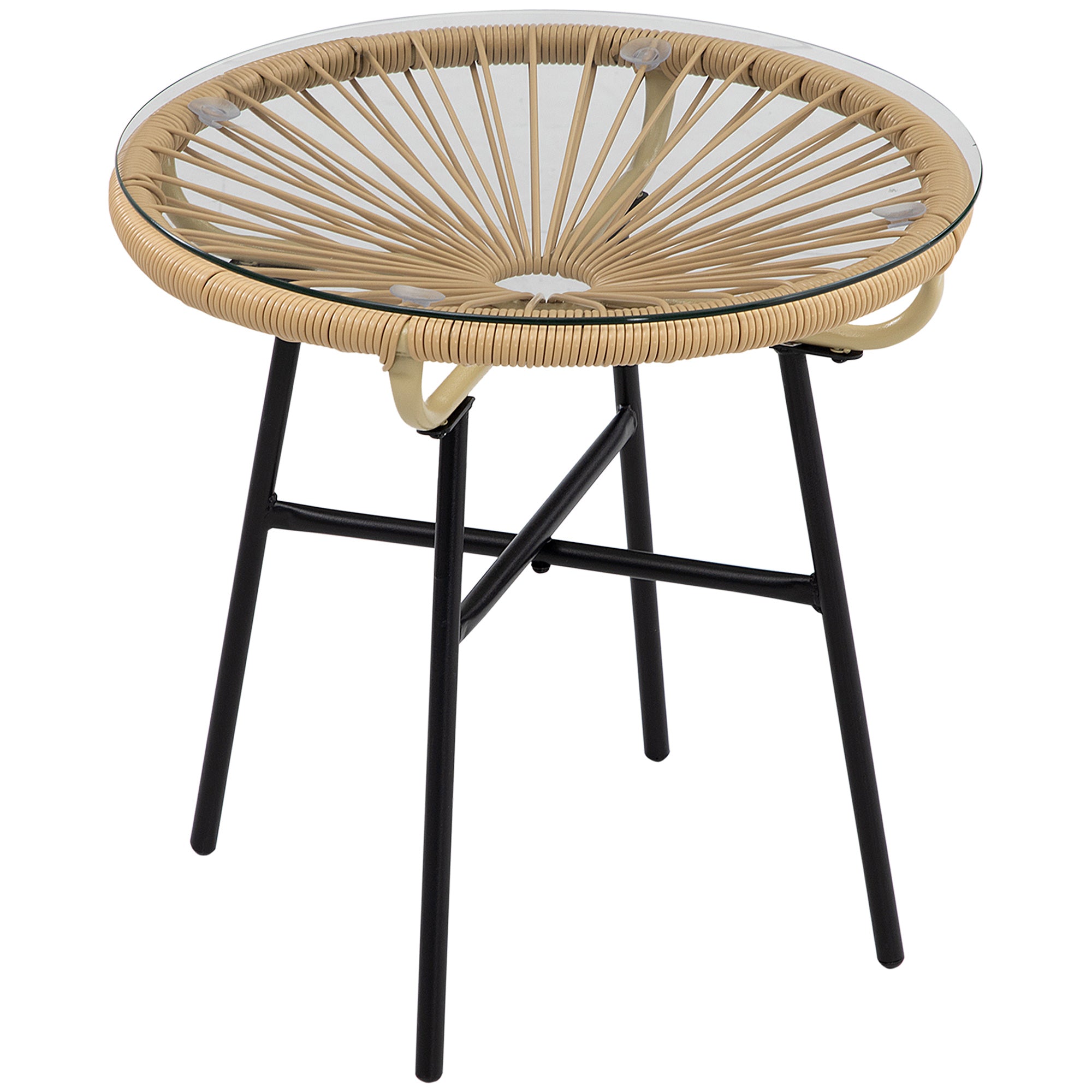 Side Table made of PE Rattan Round Coffee Table with Glass Tabletop Tray Garden Table Patio Furniture Coffee Table Sofa Table Bistro Table for Garden Terrace Balcony, 50 x 50 x 50 cm, Beige