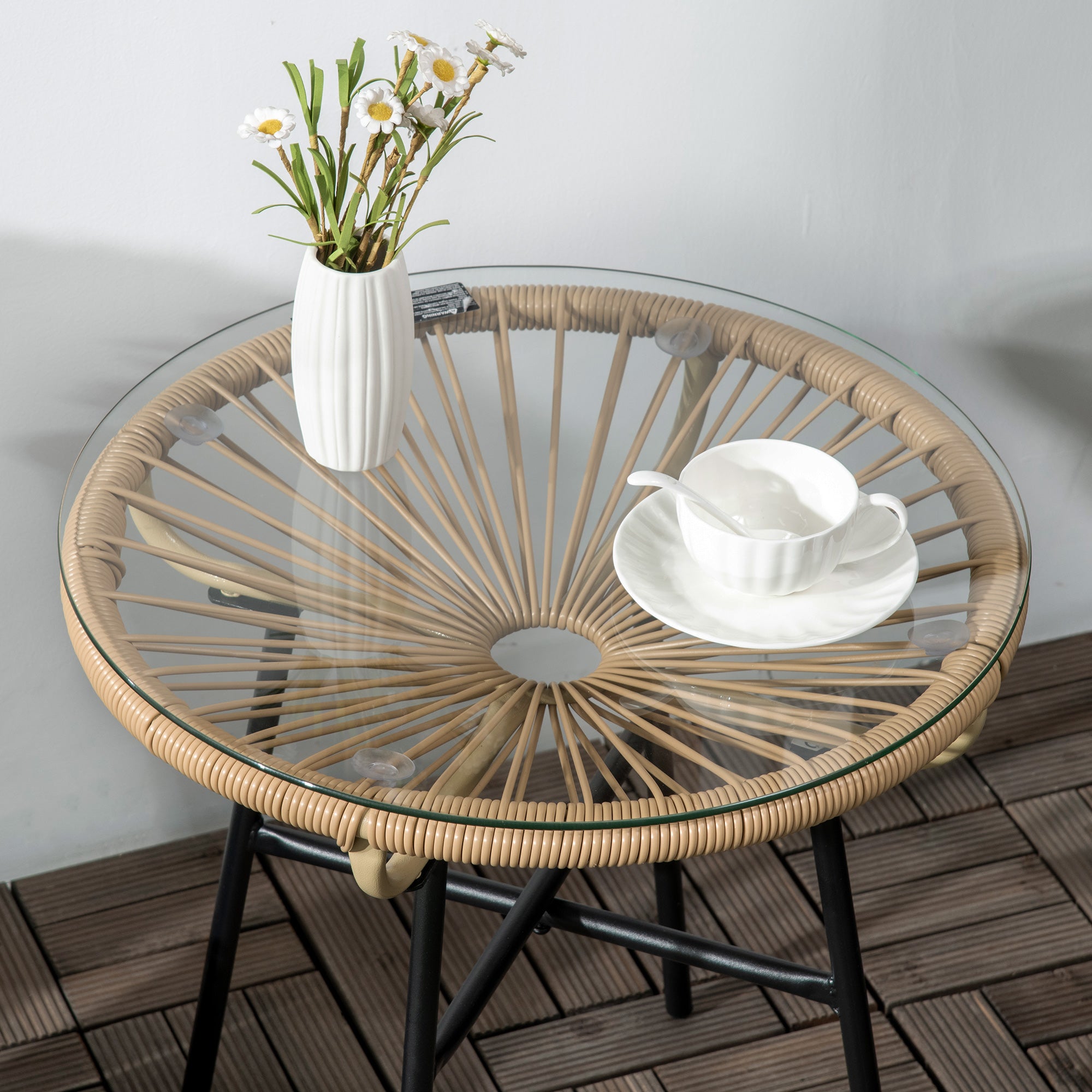 Side Table made of PE Rattan Round Coffee Table with Glass Tabletop Tray Garden Table Patio Furniture Coffee Table Sofa Table Bistro Table for Garden Terrace Balcony, 50 x 50 x 50 cm, Beige