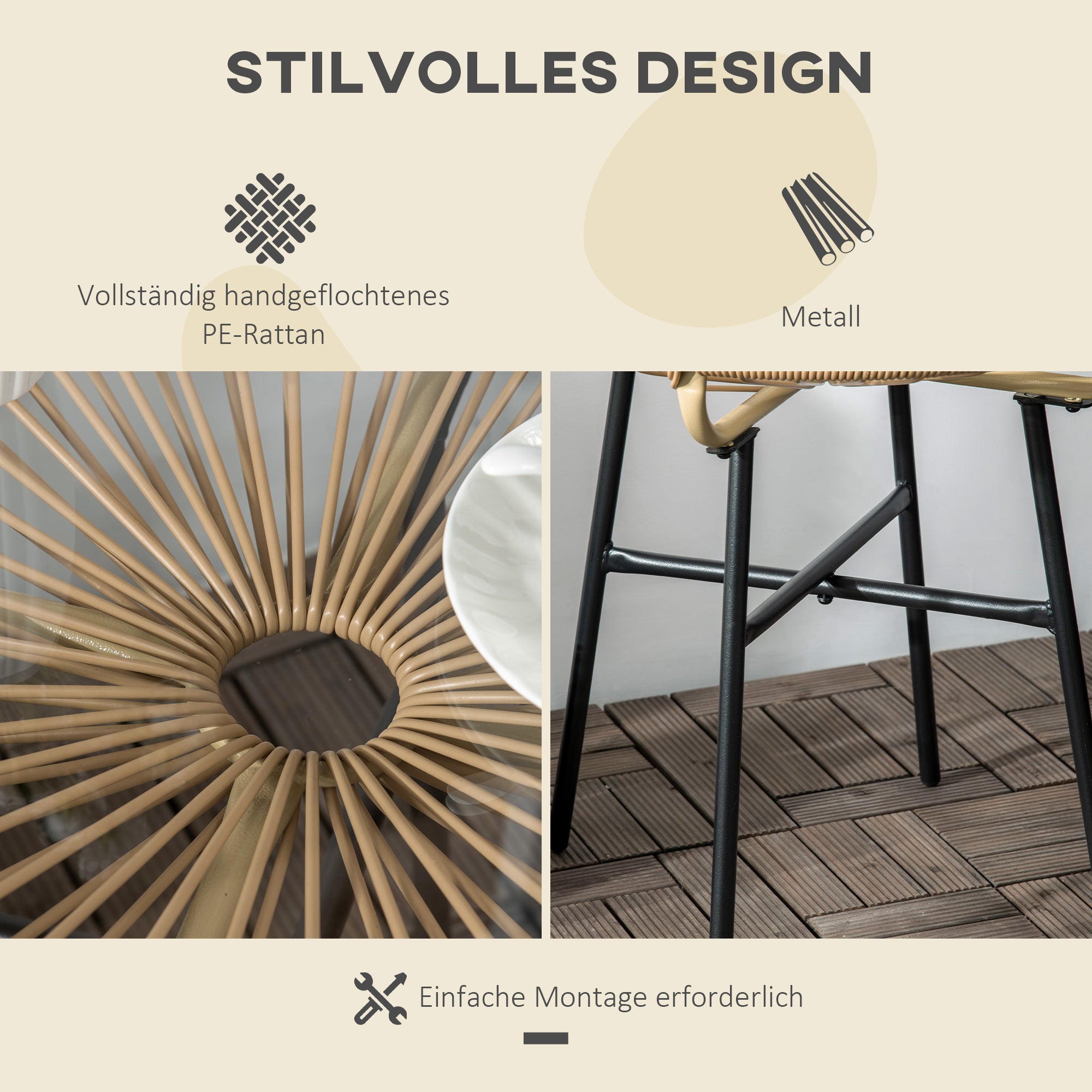 Side Table made of PE Rattan Round Coffee Table with Glass Tabletop Tray Garden Table Patio Furniture Coffee Table Sofa Table Bistro Table for Garden Terrace Balcony, 50 x 50 x 50 cm, Beige