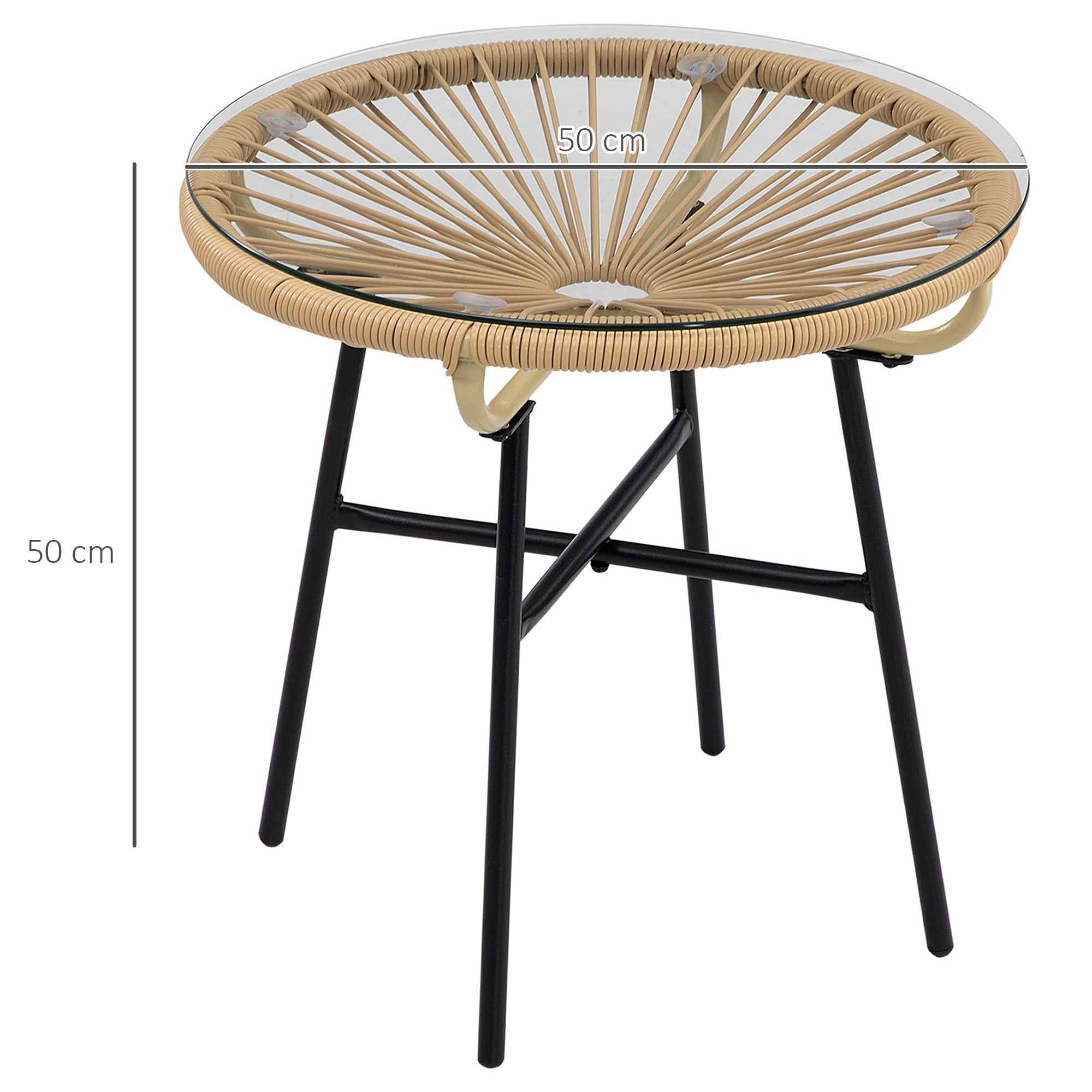 Side Table made of PE Rattan Round Coffee Table with Glass Tabletop Tray Garden Table Patio Furniture Coffee Table Sofa Table Bistro Table for Garden Terrace Balcony, 50 x 50 x 50 cm, Beige
