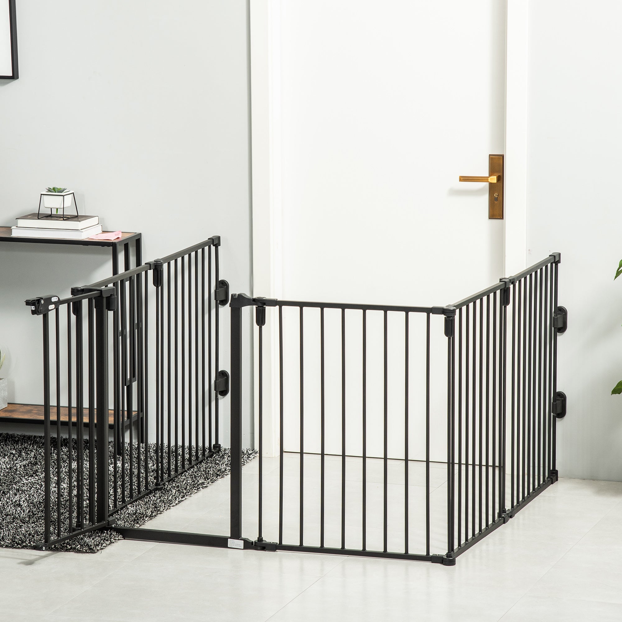 Safety Barrier Fireplace Protection Barrier Pet Playpen Modular Foldable 6 Panels with Door No Drilling 362.5 x 76 cm Black