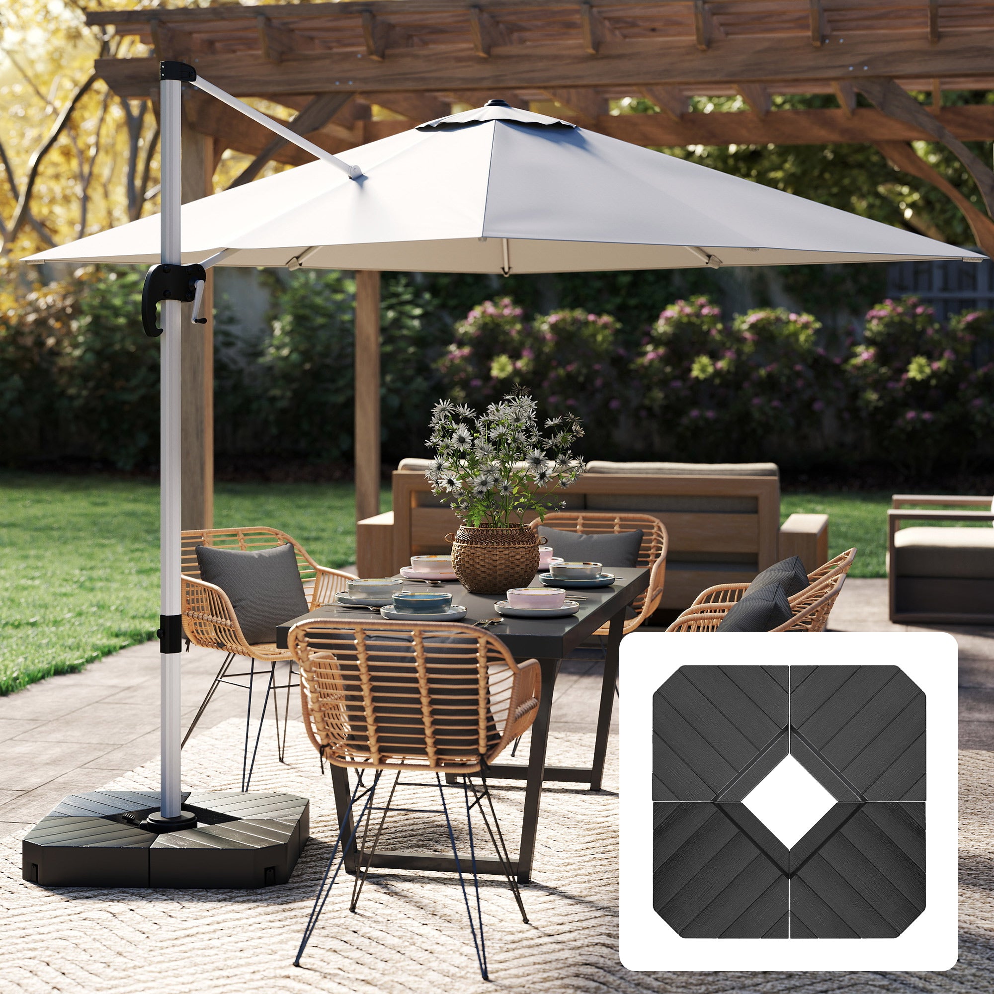 Umbrella Stand 4-Piece Umbrella Weight Wood-look, Cantilever Umbrella Stand, Ground Cross Fillable with Sand/Water up to 20/15 kg Cantilever Umbrella Stand Weights Umbrella Base HDPE Black