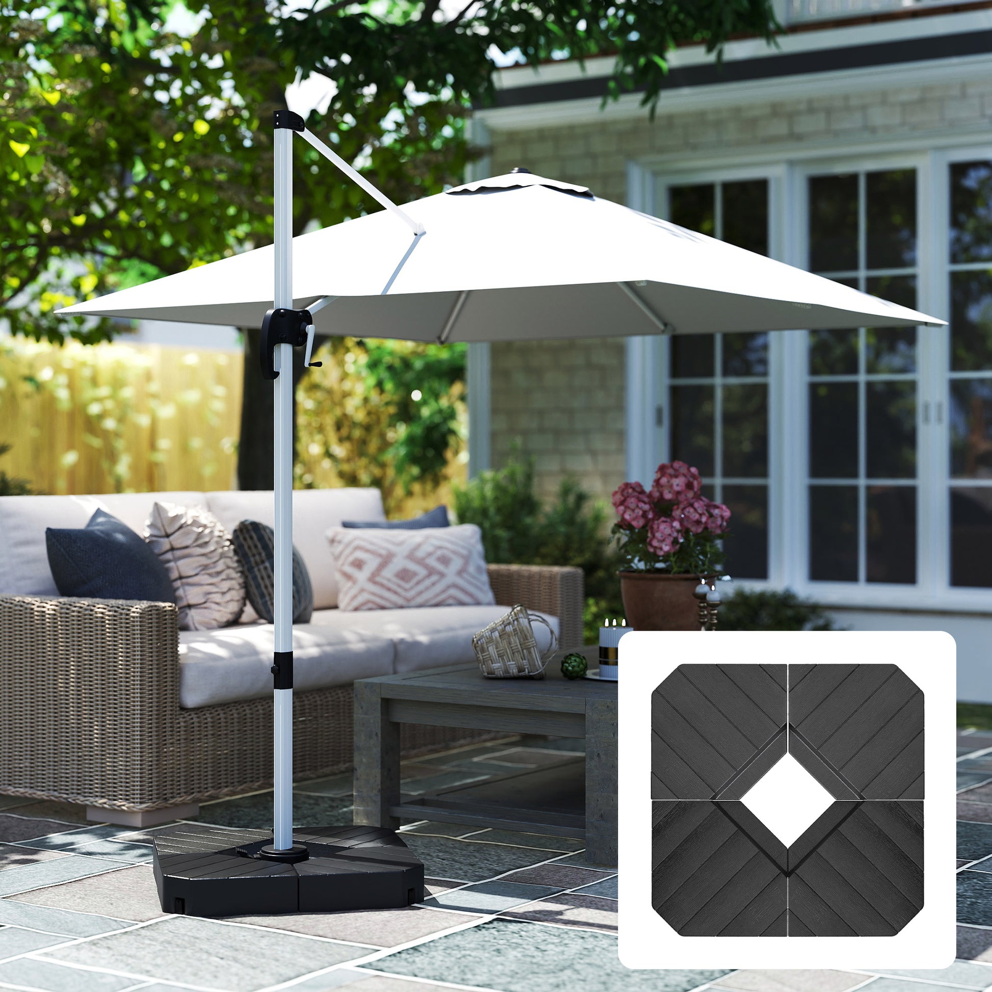 Umbrella Stand 4-Piece Umbrella Weight Wood-look, Cantilever Umbrella Stand, Ground Cross Fillable with Sand/Water up to 20/15 kg Cantilever Umbrella Stand Weights Umbrella Base HDPE Black