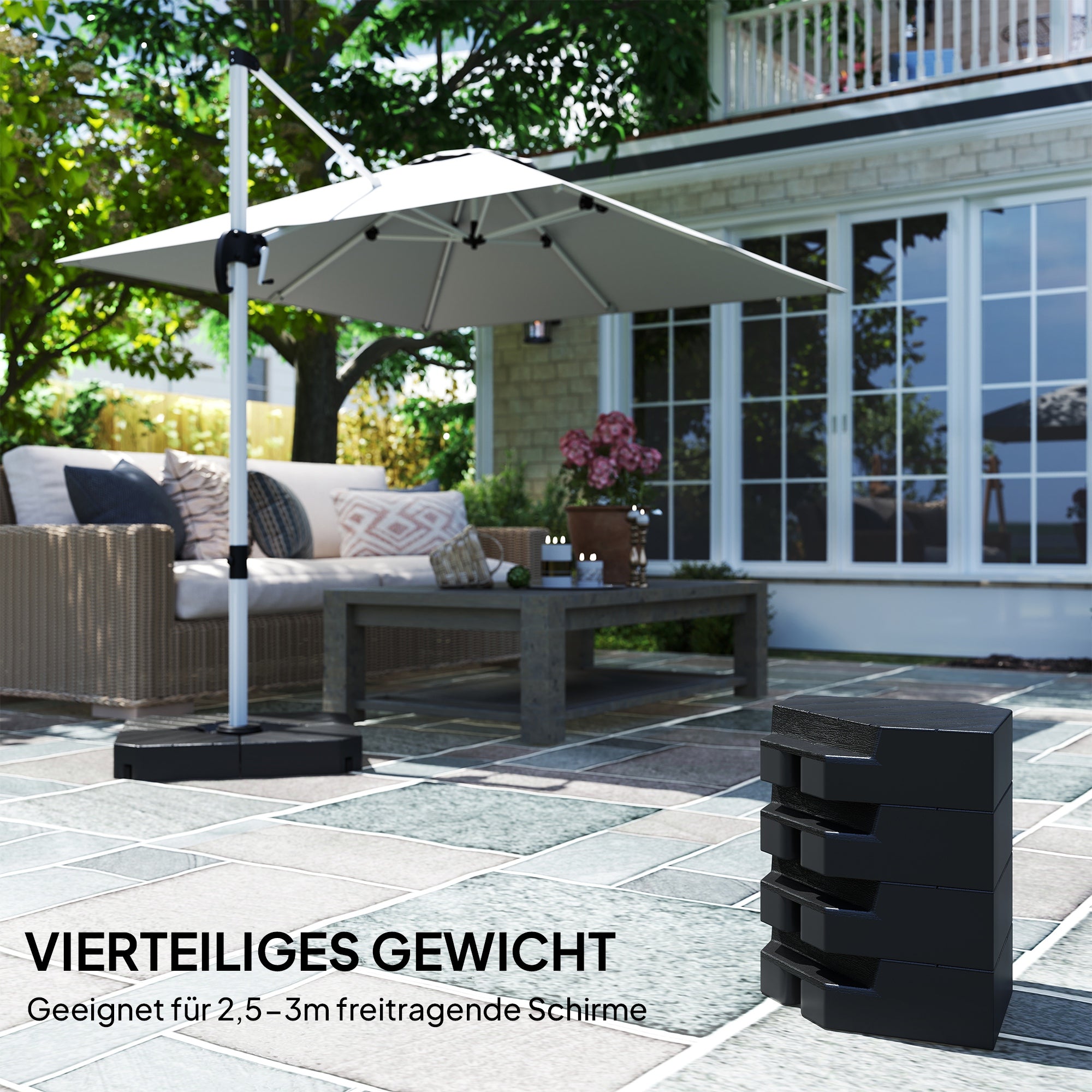 Umbrella Stand 4-Piece Umbrella Weight Wood-look, Cantilever Umbrella Stand, Ground Cross Fillable with Sand/Water up to 20/15 kg Cantilever Umbrella Stand Weights Umbrella Base HDPE Black