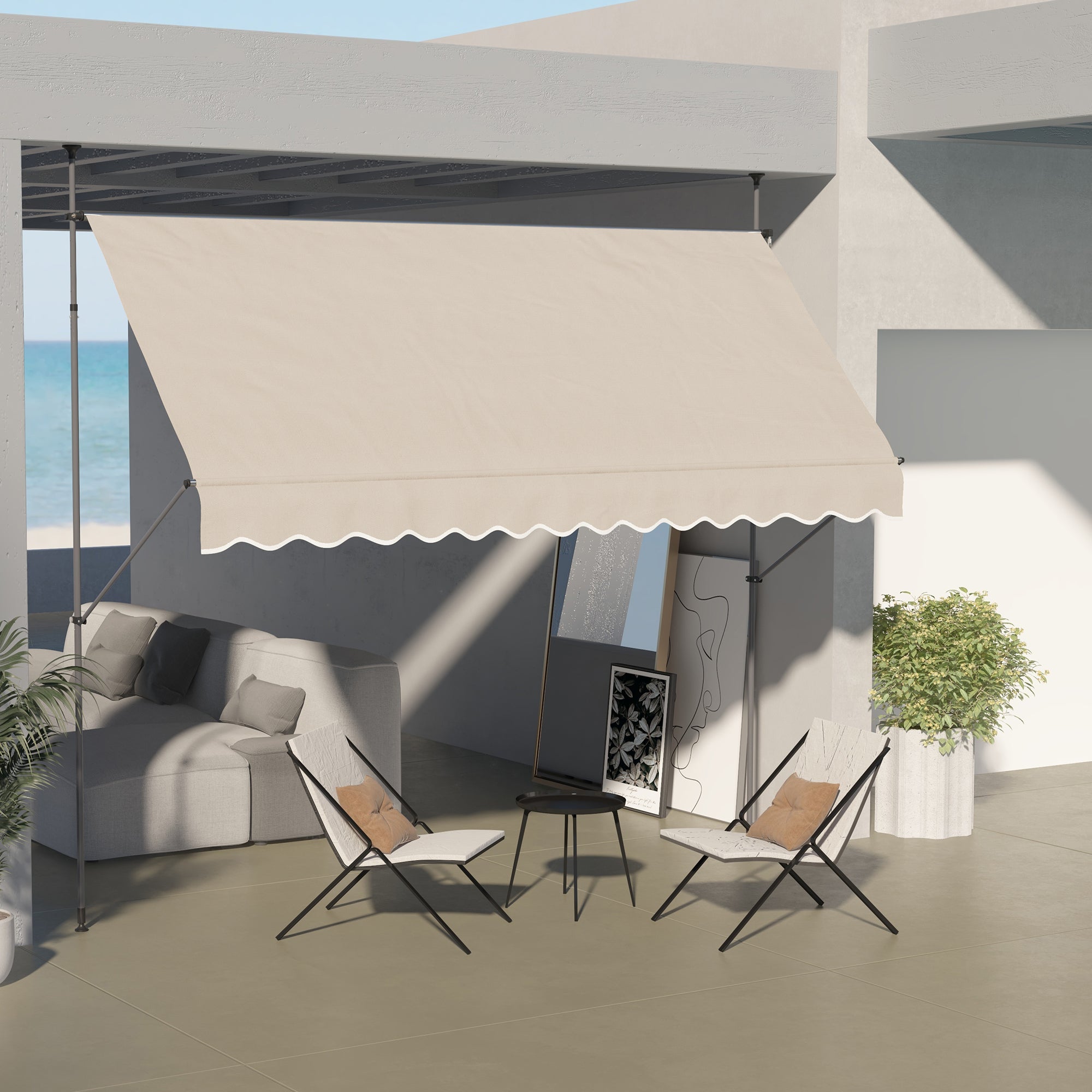 Self-supporting manual awning retractable sun protection 3.5L x 1.2W x 2.1-3H m Adjustable tilt for balcony without drilling Metal Aluminum Polyester Sand