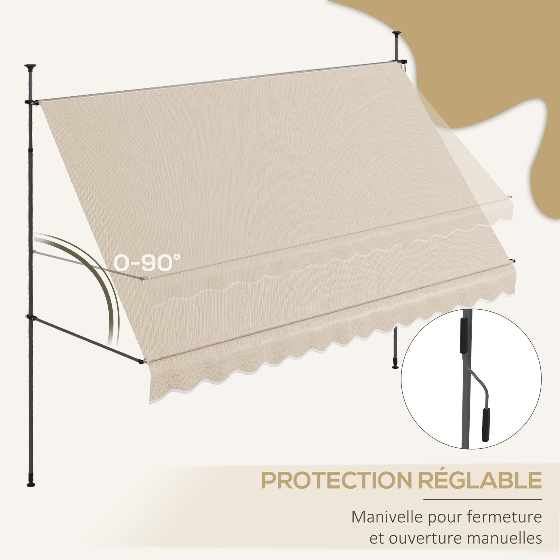Self-supporting manual awning retractable sun protection 3.5L x 1.2W x 2.1-3H m Adjustable tilt for balcony without drilling Metal Aluminum Polyester Sand